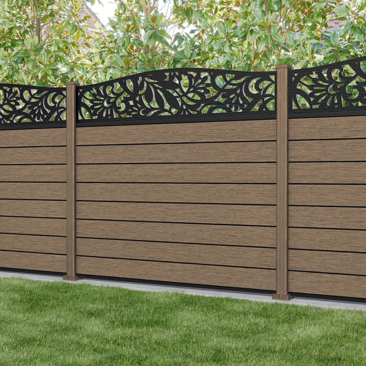 Fusion Heritage Curved Top Fence Panel - Teak - with our composite posts