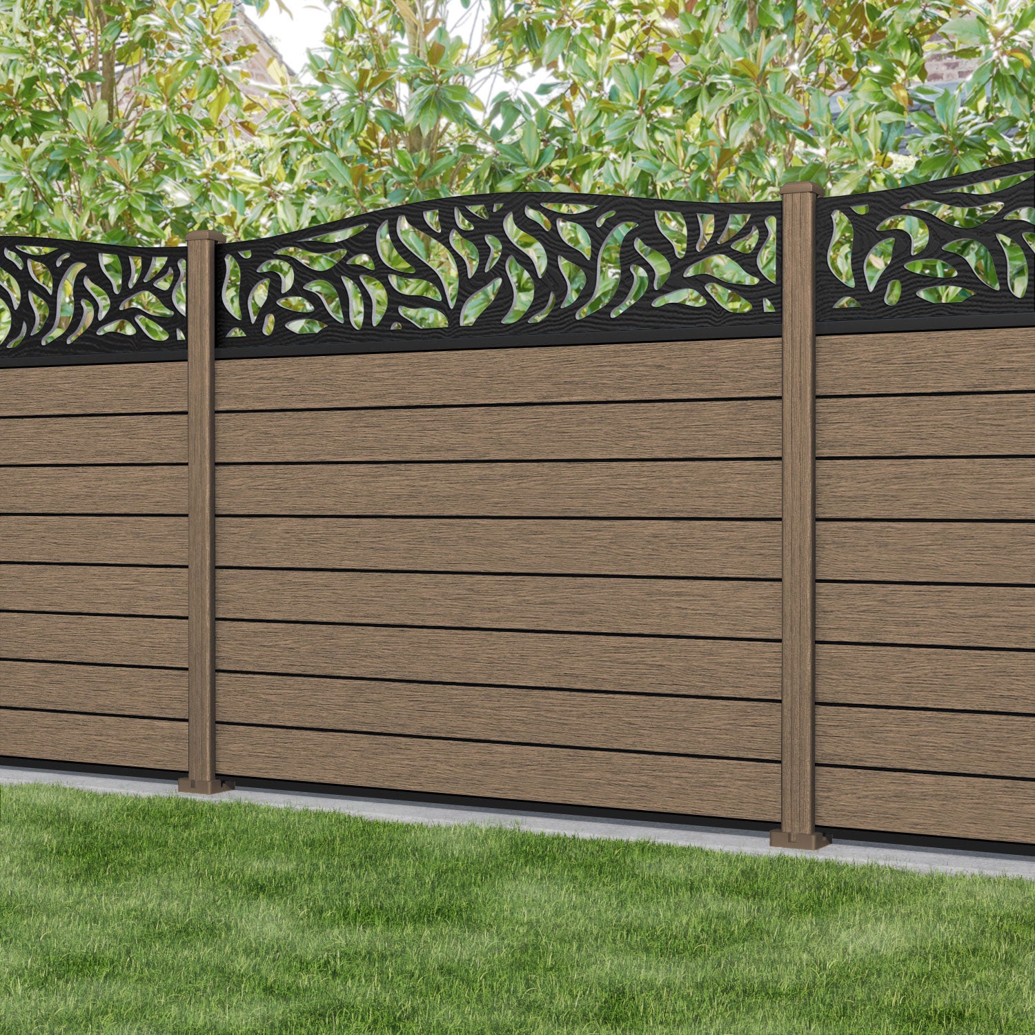 Fusion Plume Curved Top Fence Panel - Teak - with our composite posts