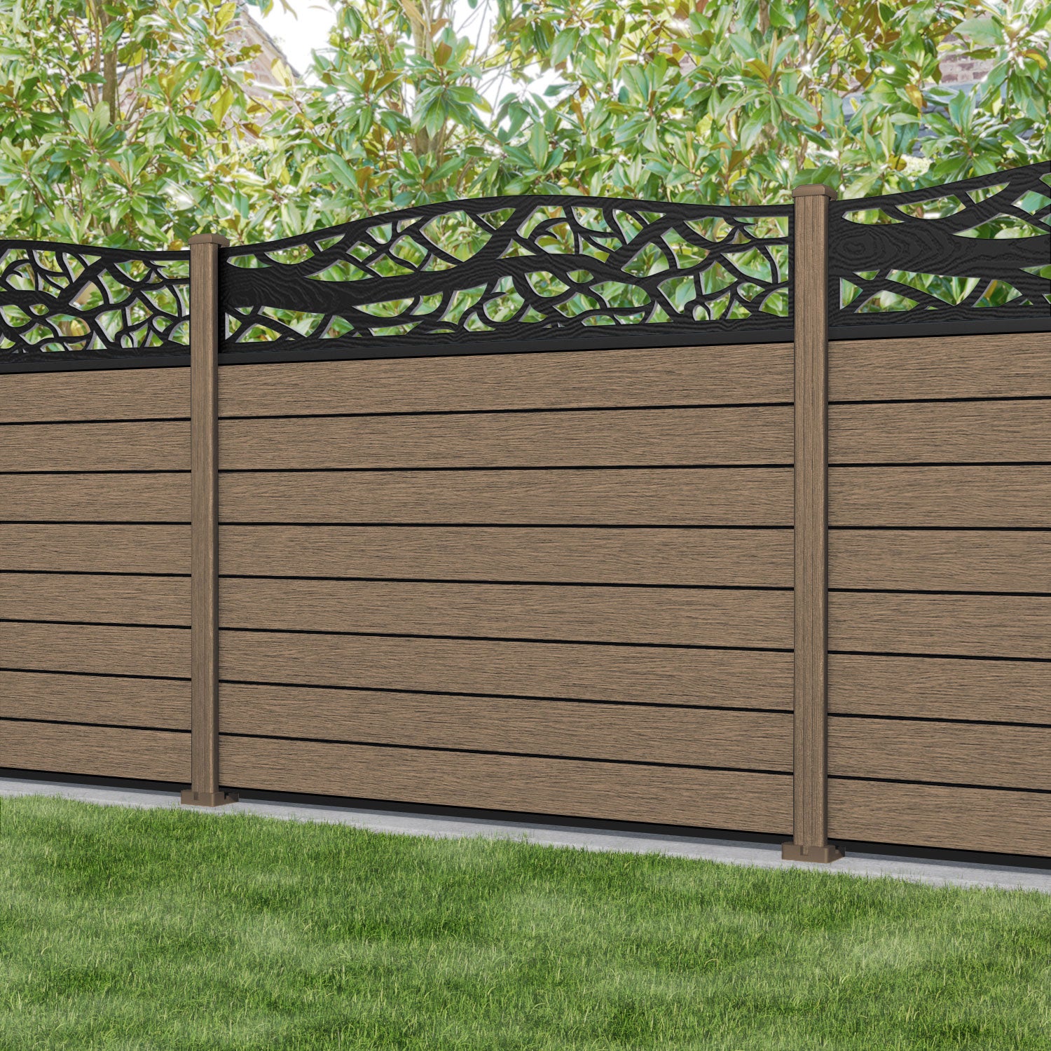 Fusion Twilight Curved Top Fence Panel - Teak - with our composite posts
