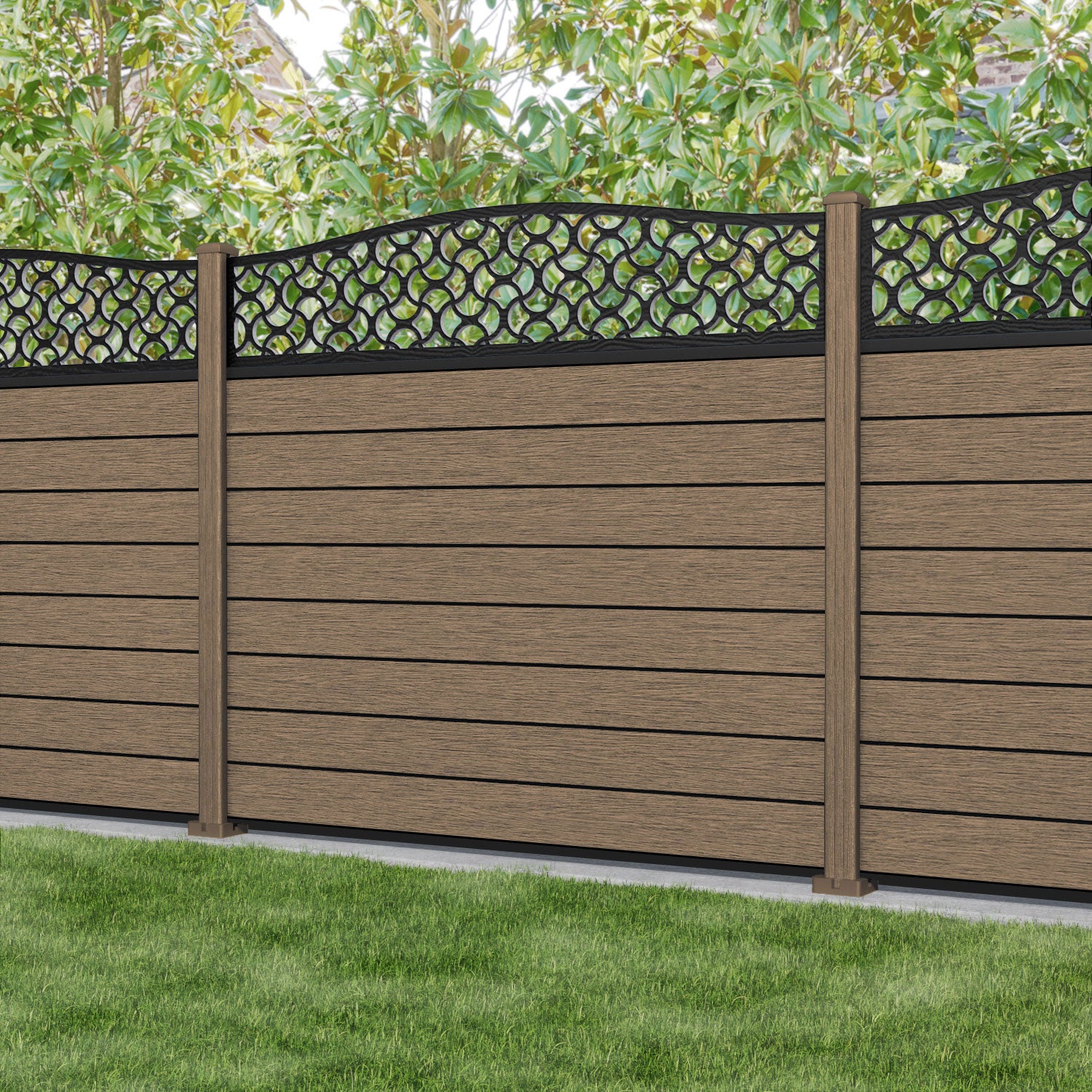 Fusion Vida Curved Top Fence Panel - Teak - with our composite posts