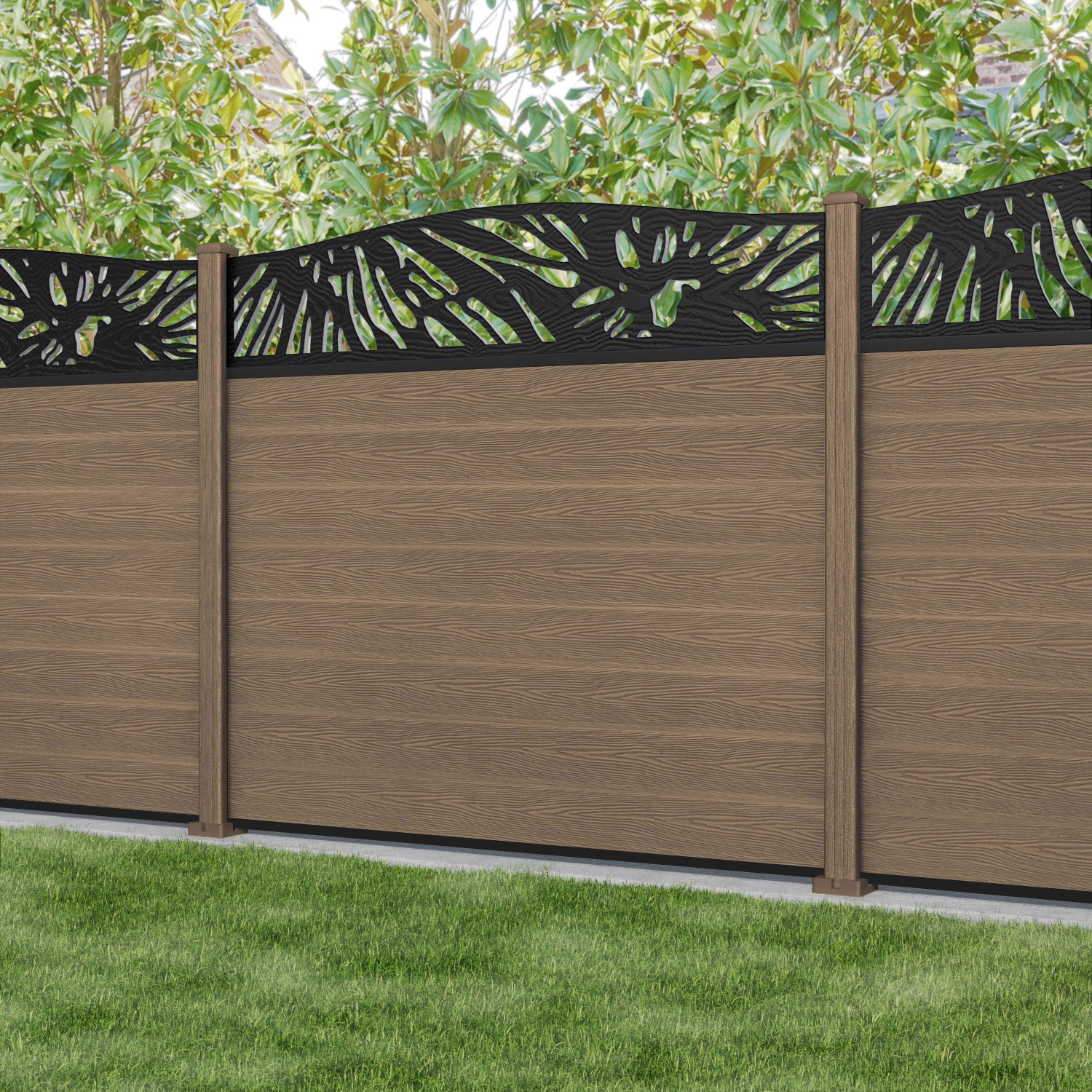 Classic Poppy Curved Top Fence Panel - Teak - with our composite posts