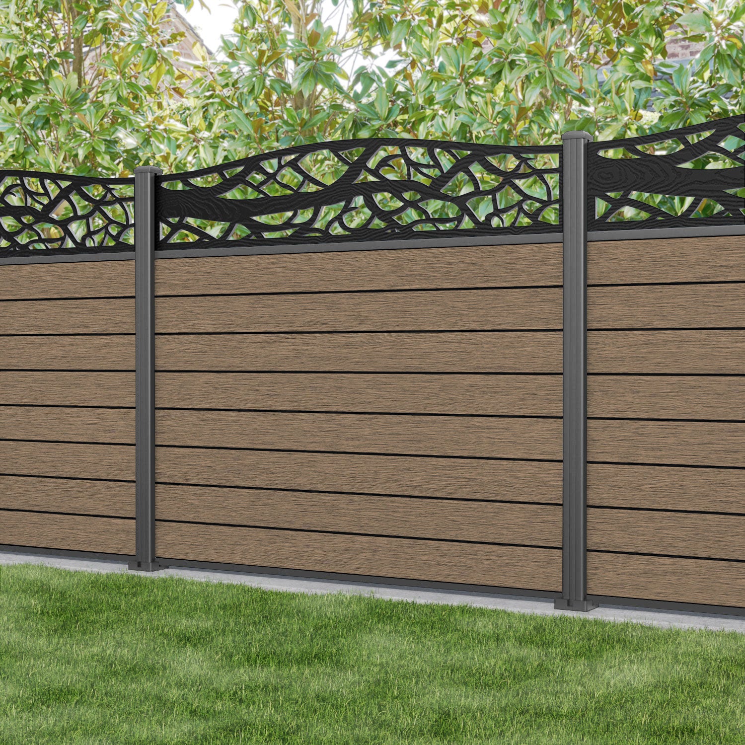 Fusion Twilight Curved Top Fence Panel - Teak - with our aluminium posts