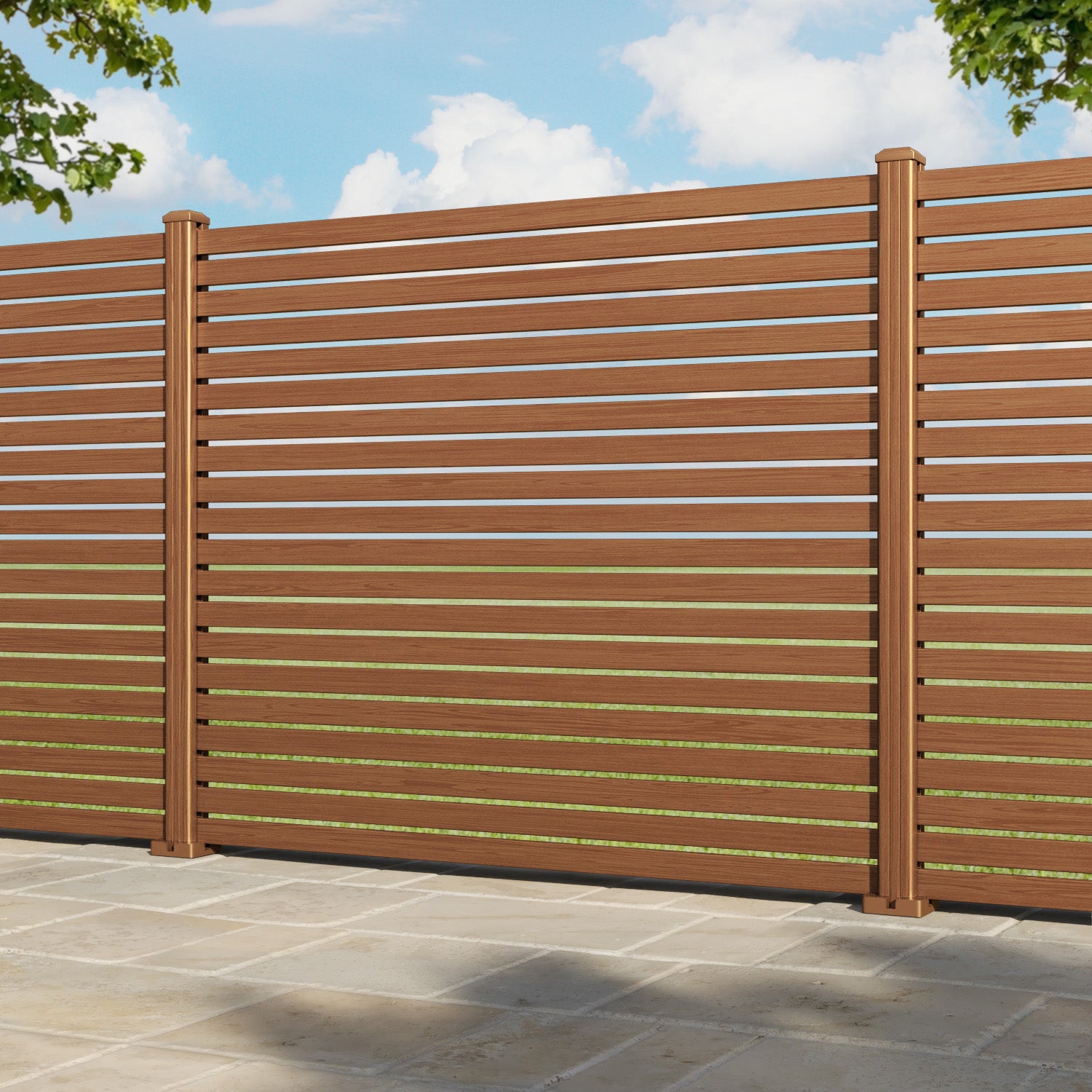 Aria Aluminium Fence Panel - Teak - with our aluminium posts