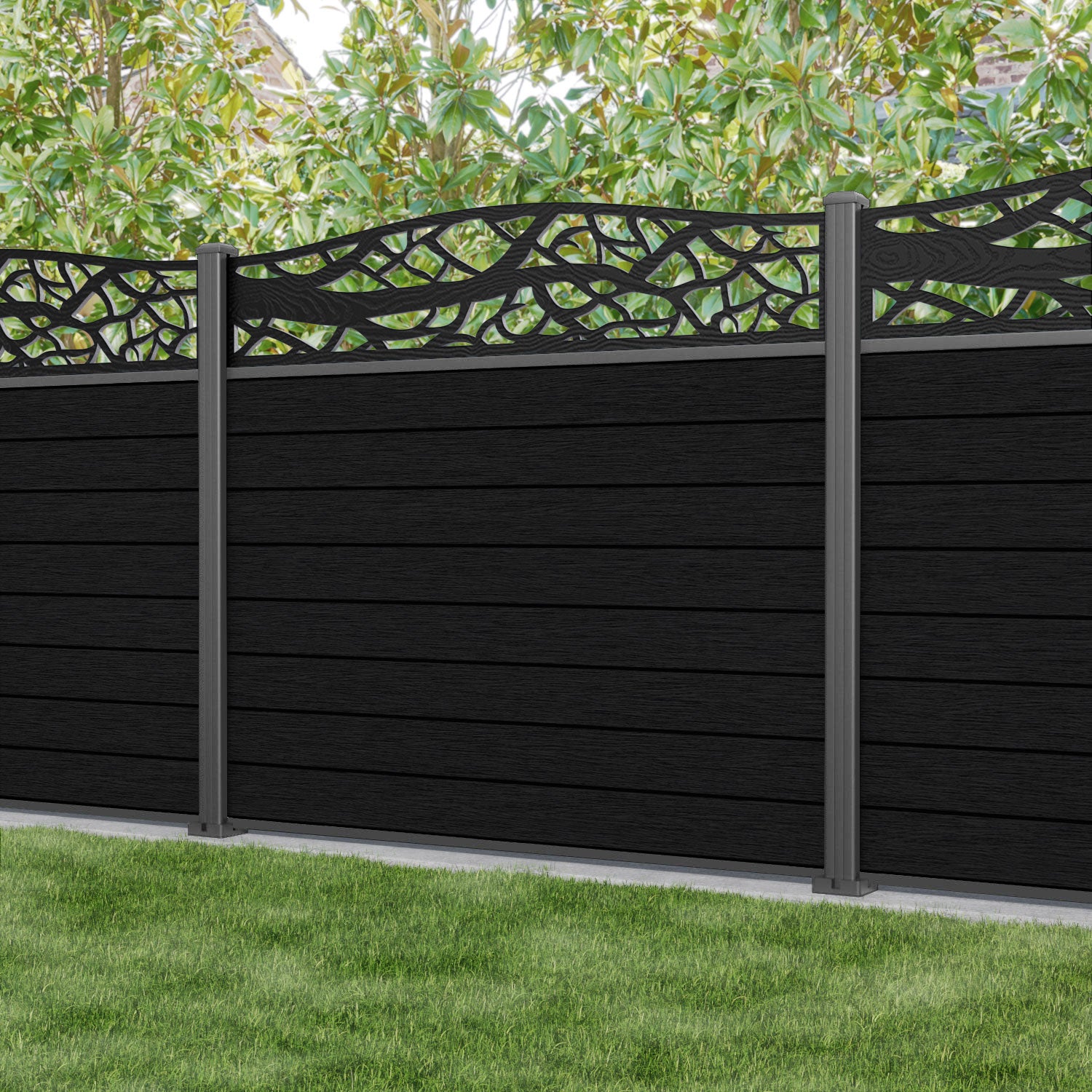 Fusion Twilight Curved Top Fence Panel - Black - with our aluminium posts