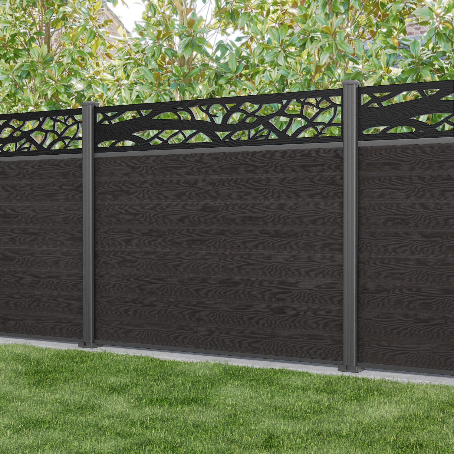 Classic Twilight Fence Panel - Dark Oak - with our aluminium posts