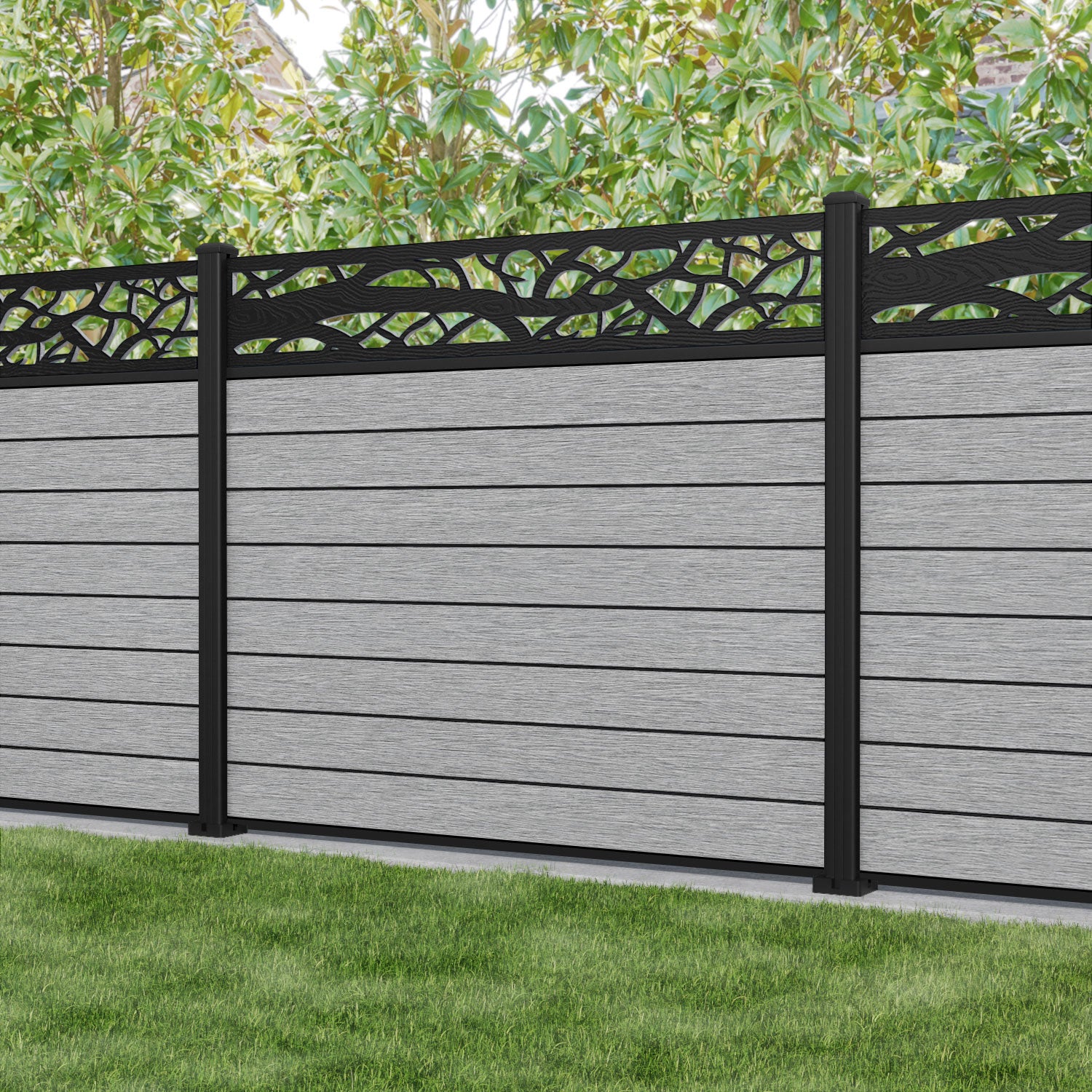 Fusion Twilight Fence Panel - Light Grey - with our aluminium posts