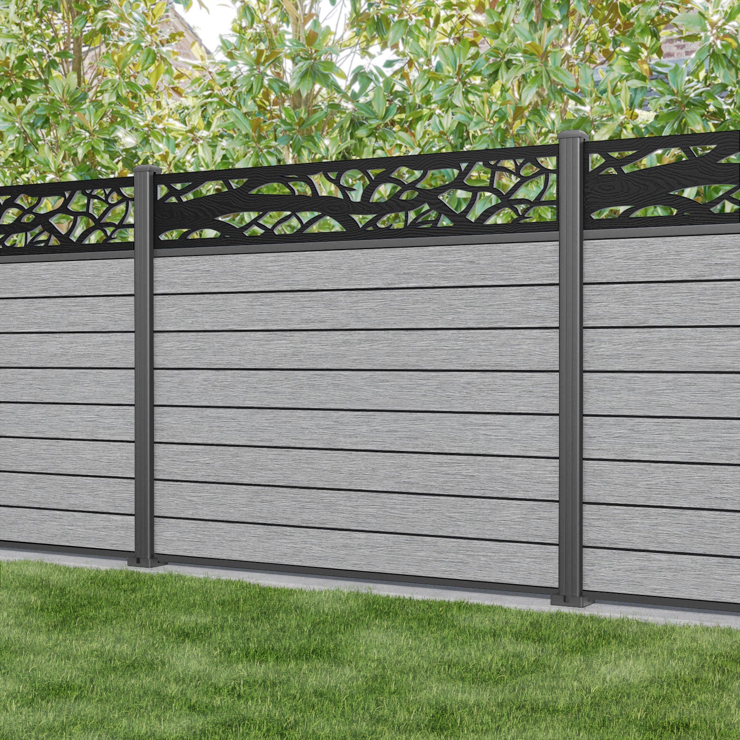 Fusion Twilight Fence Panel - Light Grey - with our aluminium posts