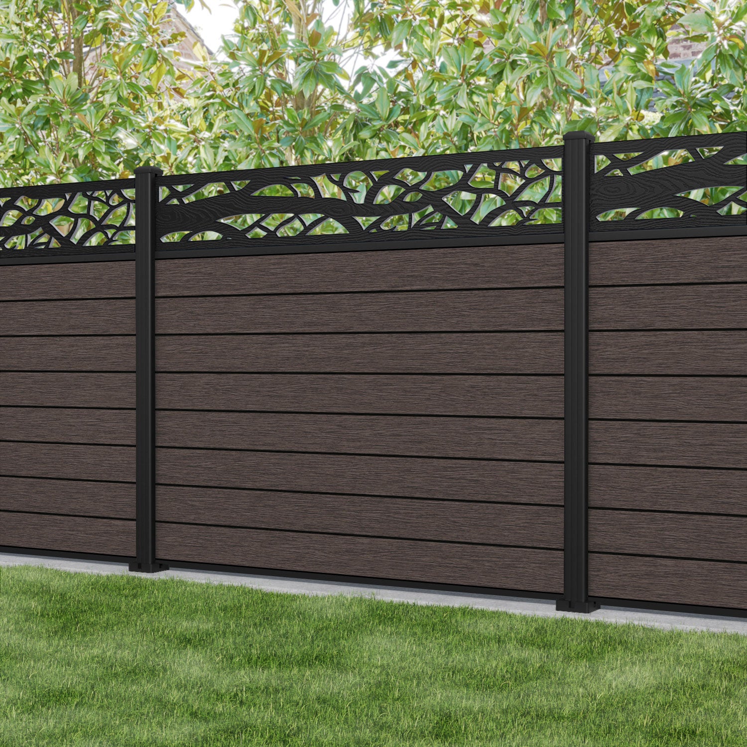Fusion Twilight Fence Panel - Mid Brown - with our aluminium posts