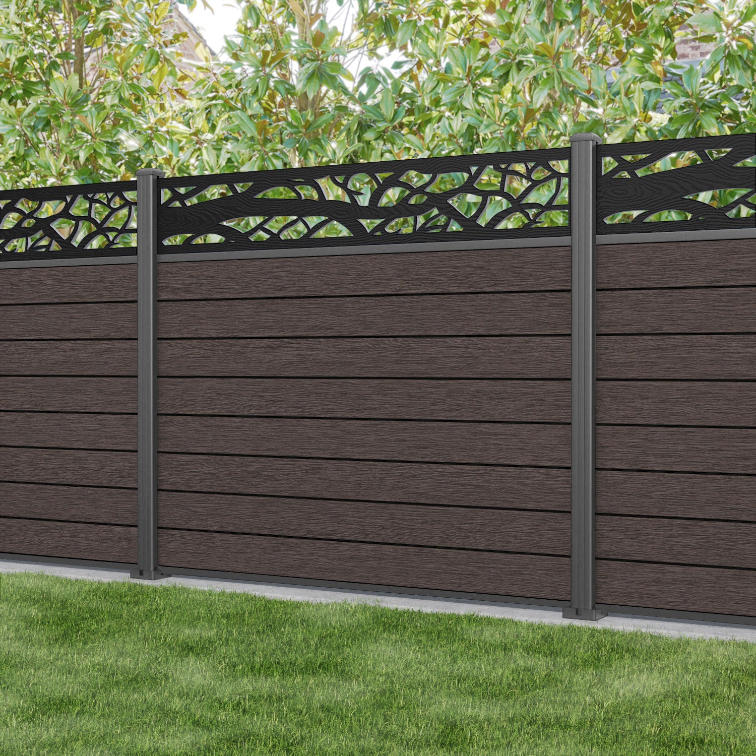 Fusion Twilight Fence Panel - Mid Brown - with our aluminium posts