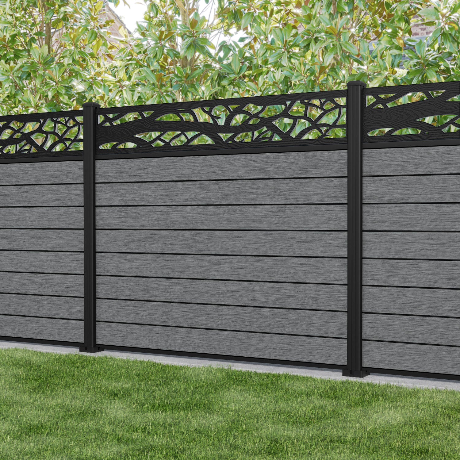 Fusion Twilight Fence Panel - Mid Grey - with our aluminium posts