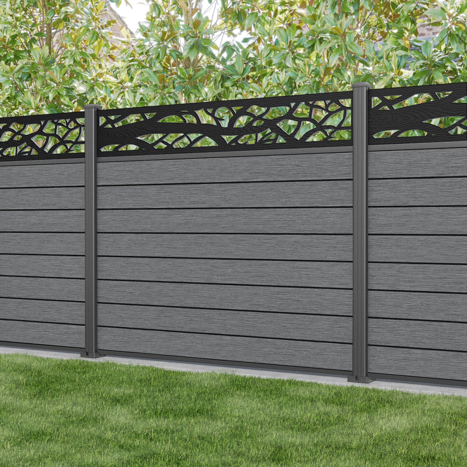 Fusion Twilight Fence Panel - Mid Grey - with our aluminium posts