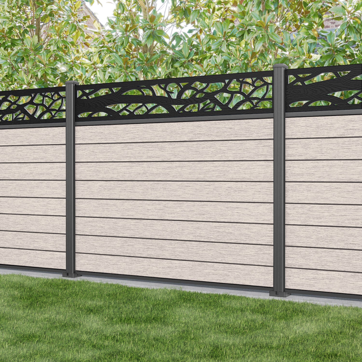 Fusion Twilight Fence Panel - Mid Stone - with our aluminium posts