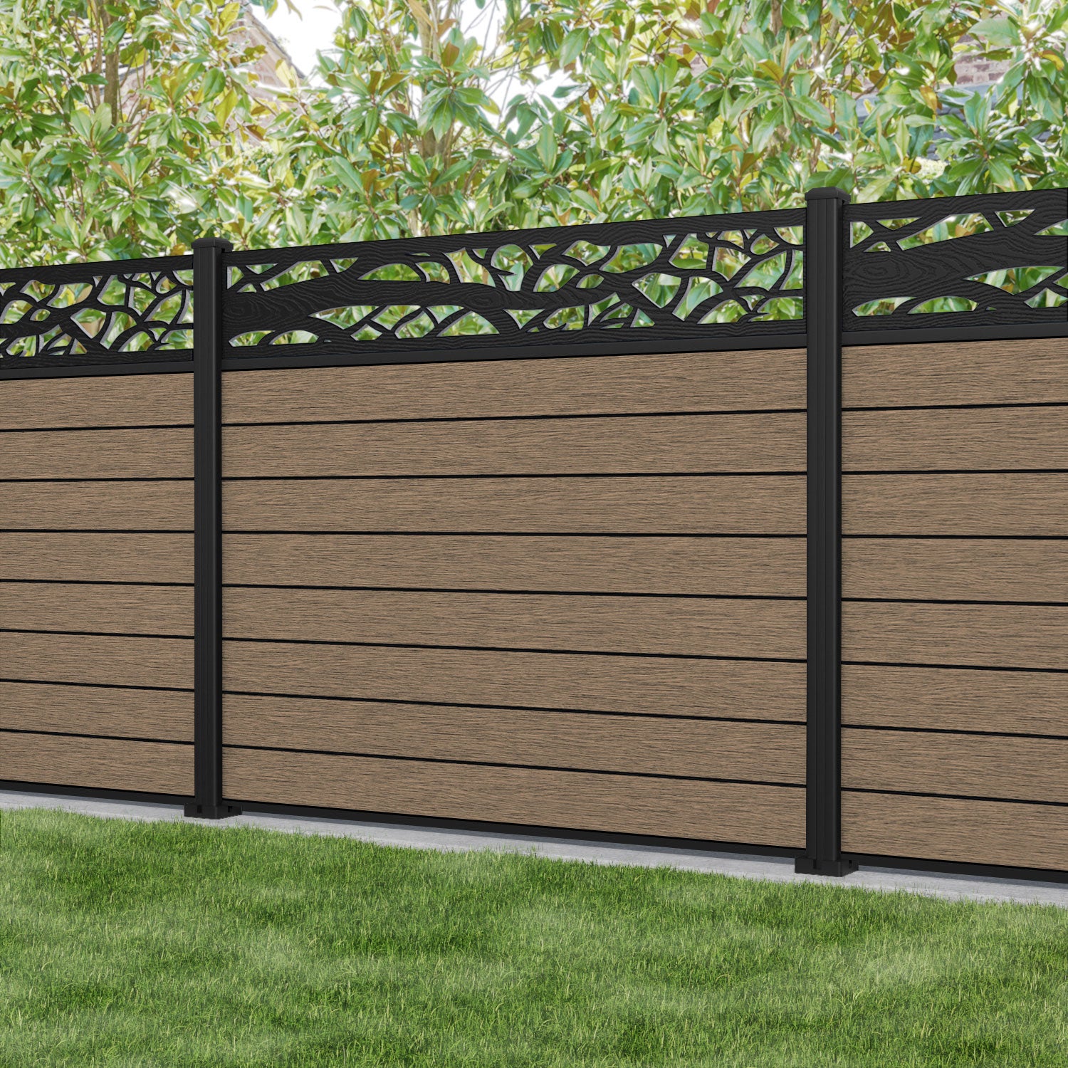 Fusion Twilight Fence Panel - Teak - with our aluminium posts