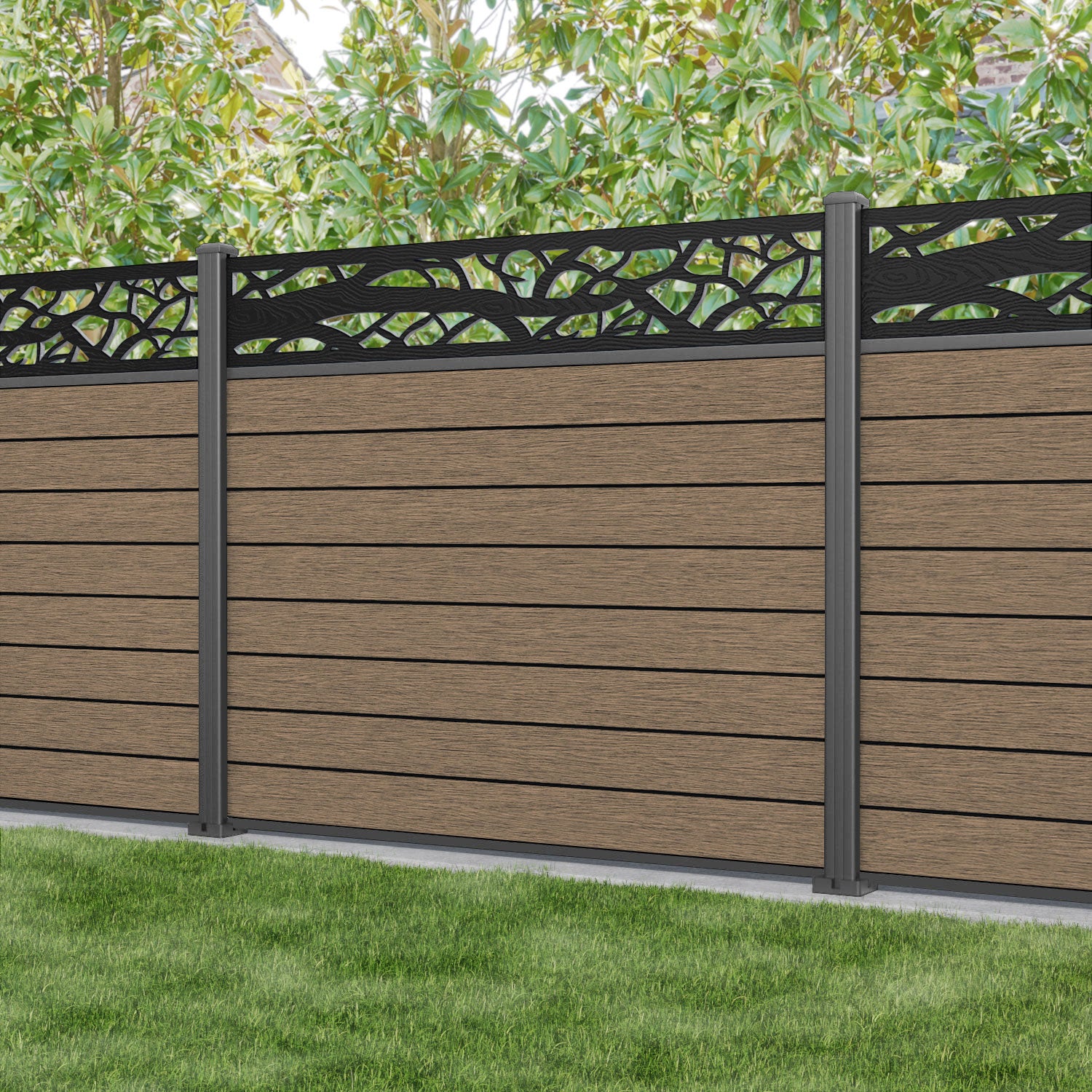 Fusion Twilight Fence Panel - Teak - with our aluminium posts
