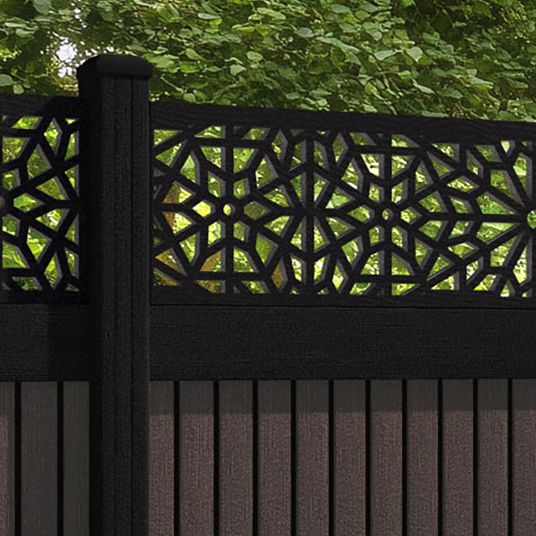 Virtis Alnara Fence Panel - Mid Brown - with our aluminium posts