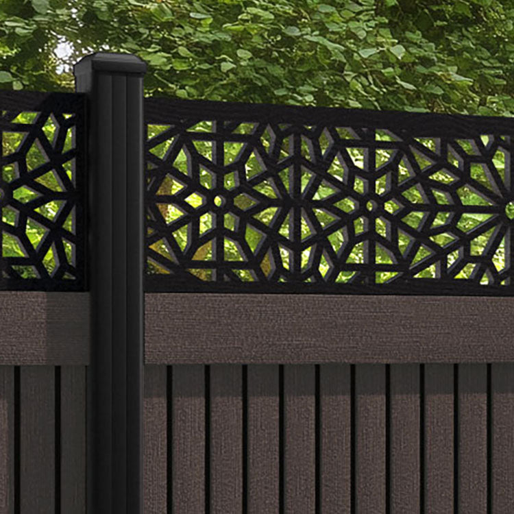 Virtis Alnara Fence Panel - Mid Brown - with our aluminium posts