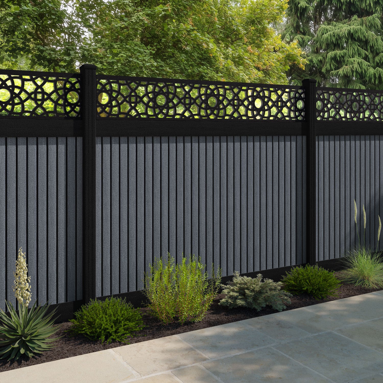 Virtis Ambar Fence Panel - Anthracite - with our aluminium posts