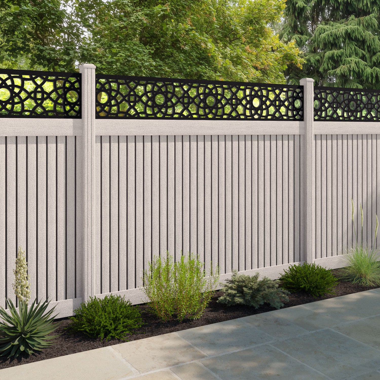Virtis Ambar Fence Panel - Mid Stone - with our composite posts