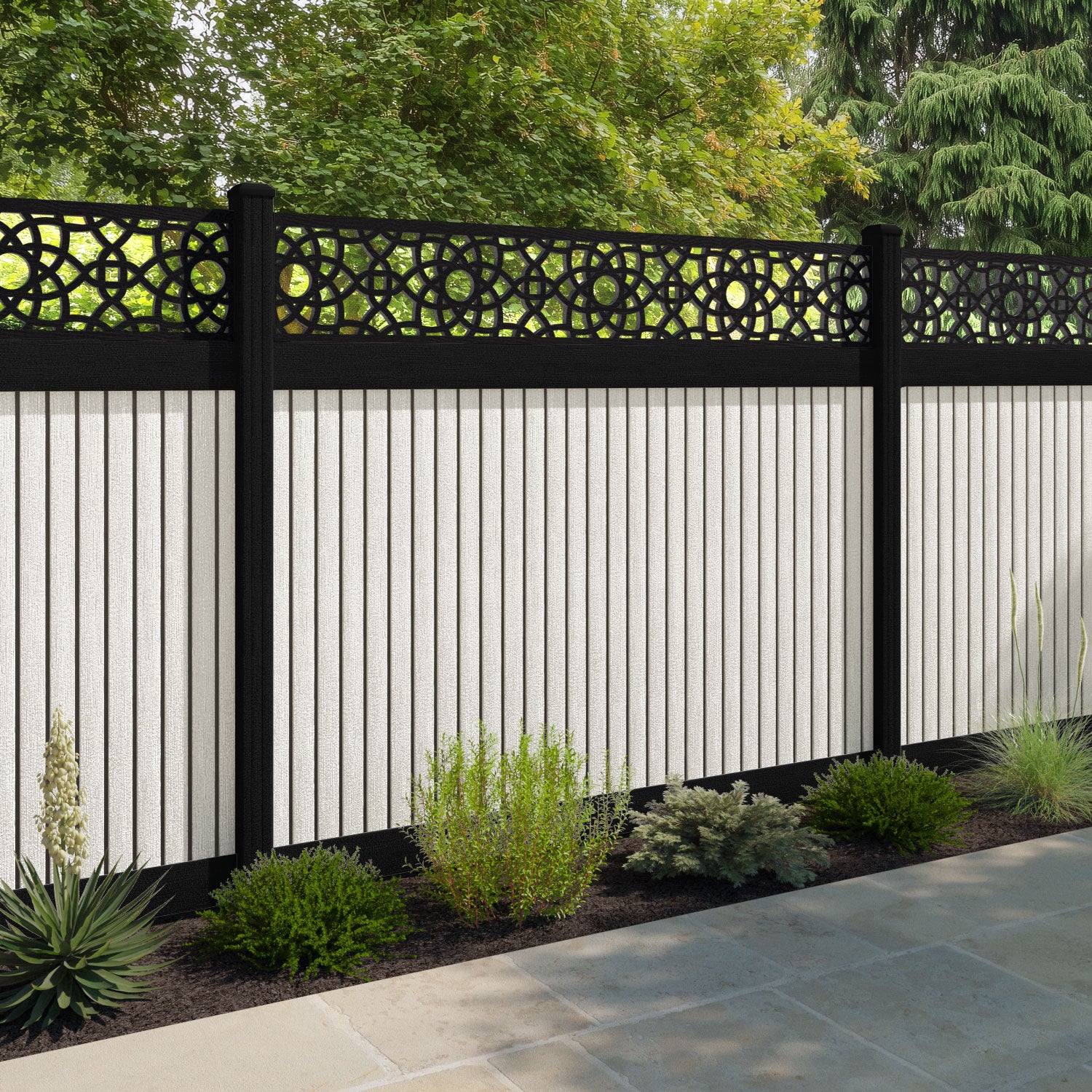 Virtis Ambar Fence Panel - Light Stone - with our aluminium posts