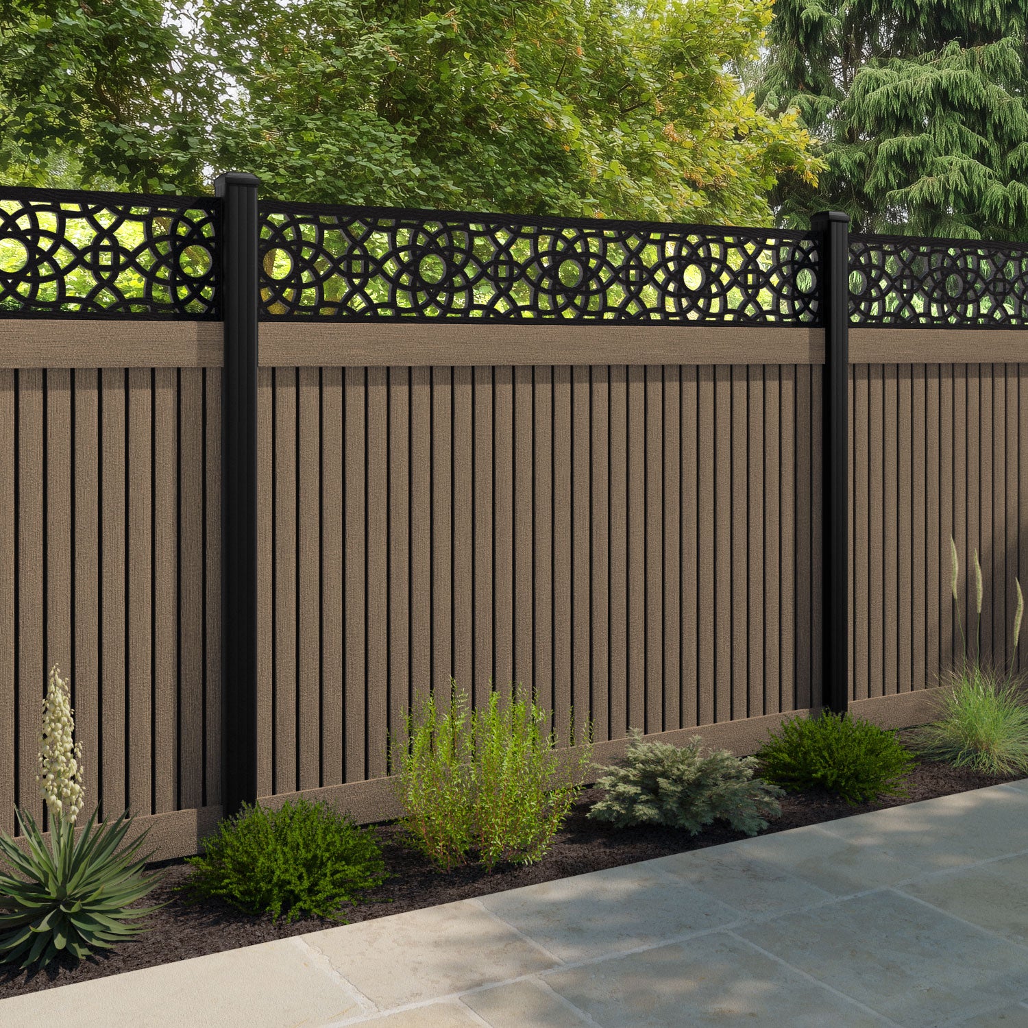 Virtis Ambar Fence Panel - Teak - with our aluminium posts