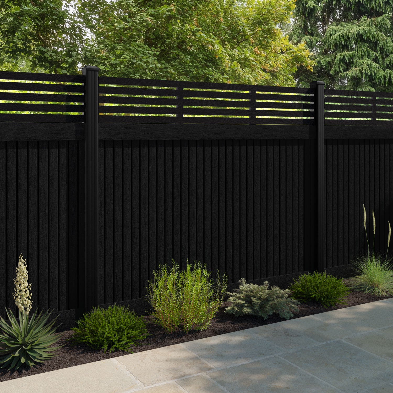 Virtis Aspen Fence Panel - Black - with our aluminium posts