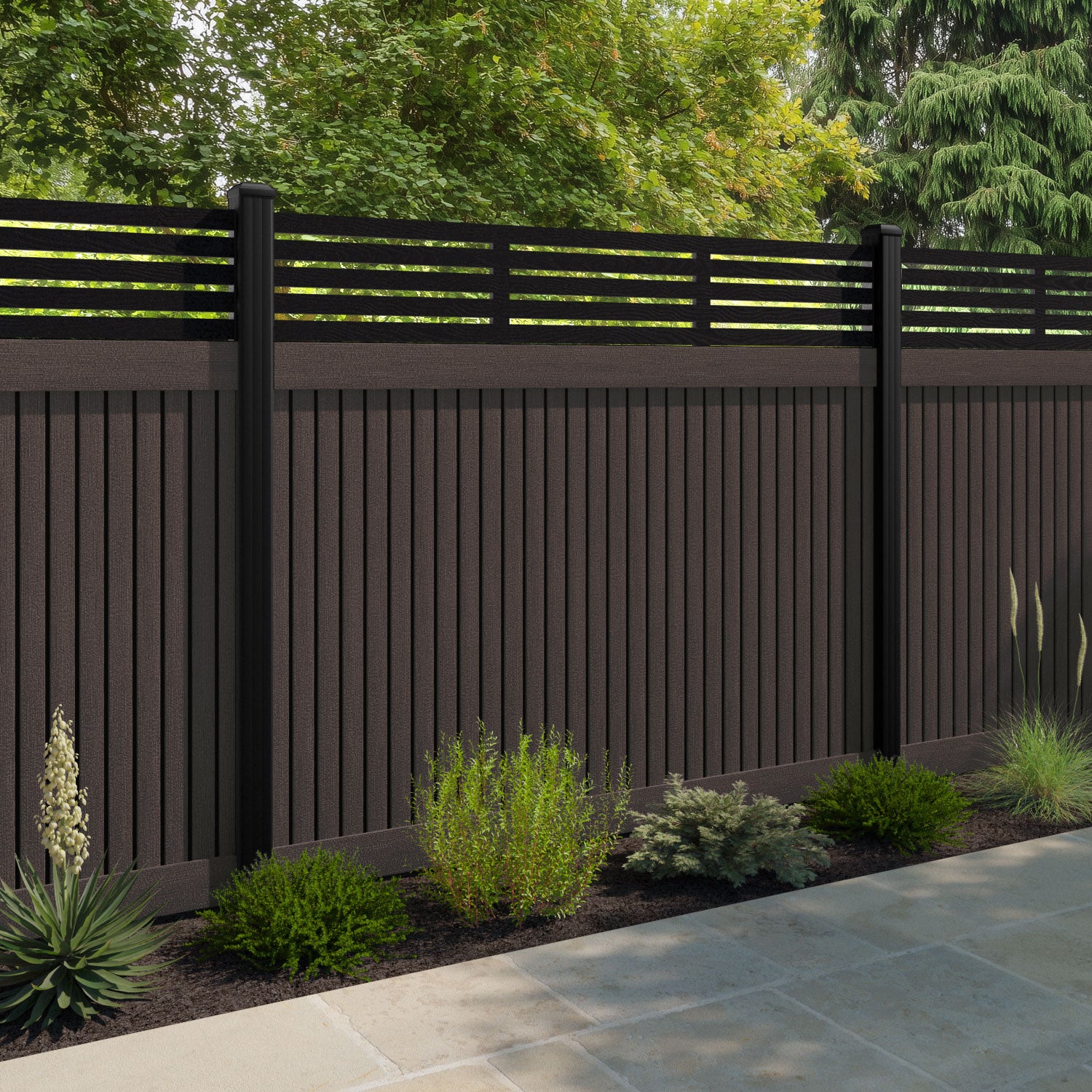 Virtis Aspen Fence Panel - Mid Brown - with our aluminium posts