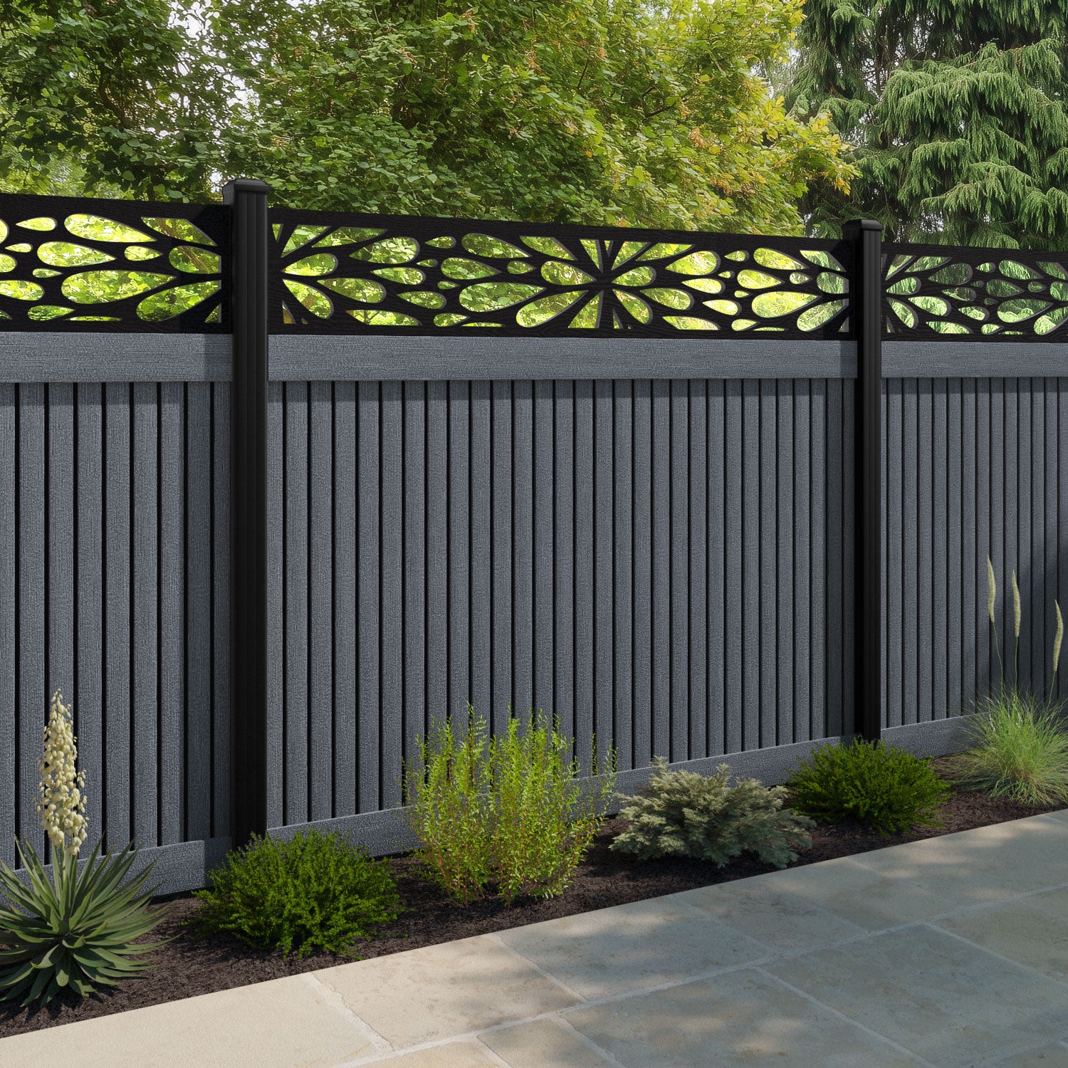 Virtis Blossom Fence Panel - Anthracite - with our aluminium posts