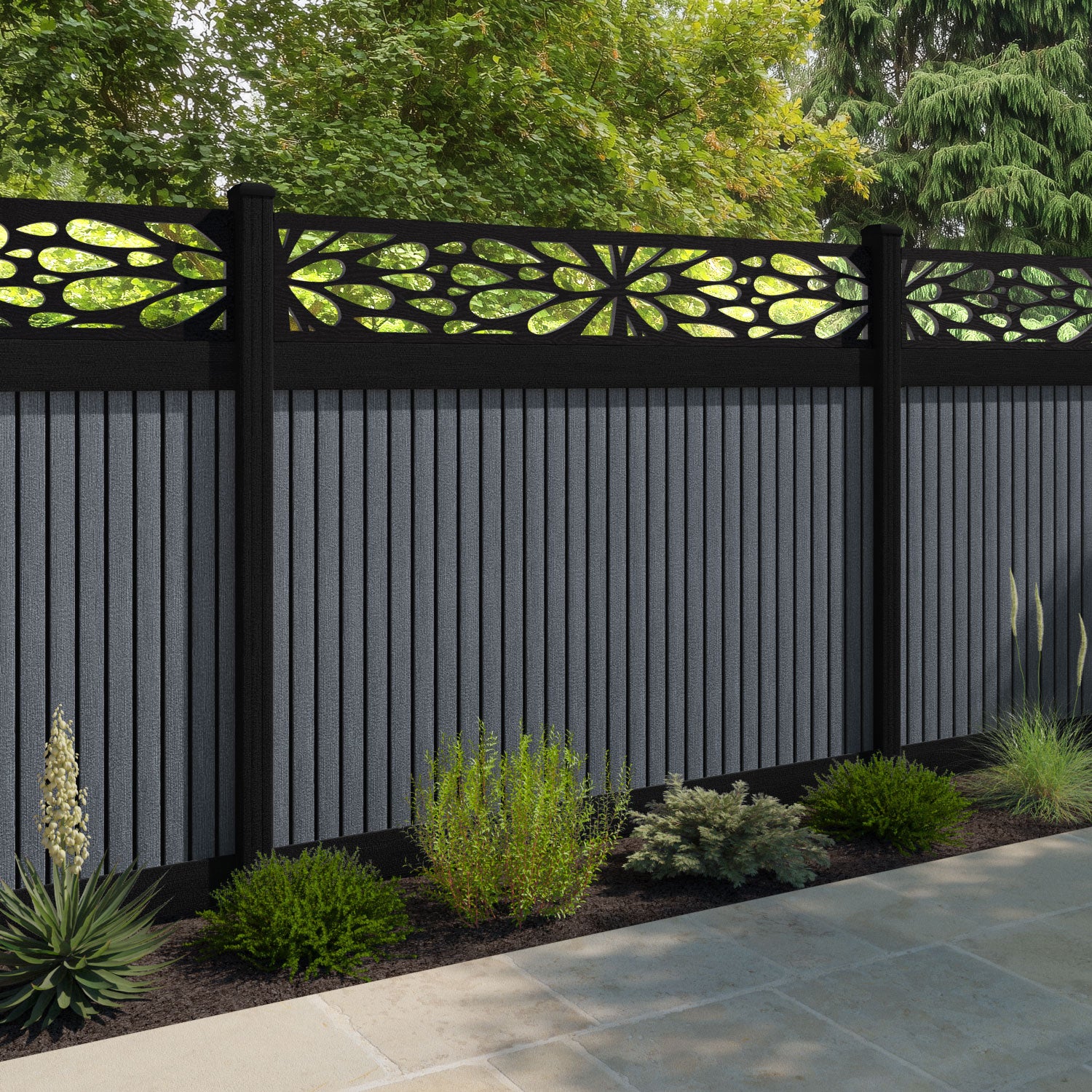 Virtis Blossom Fence Panel - Anthracite - with our aluminium posts