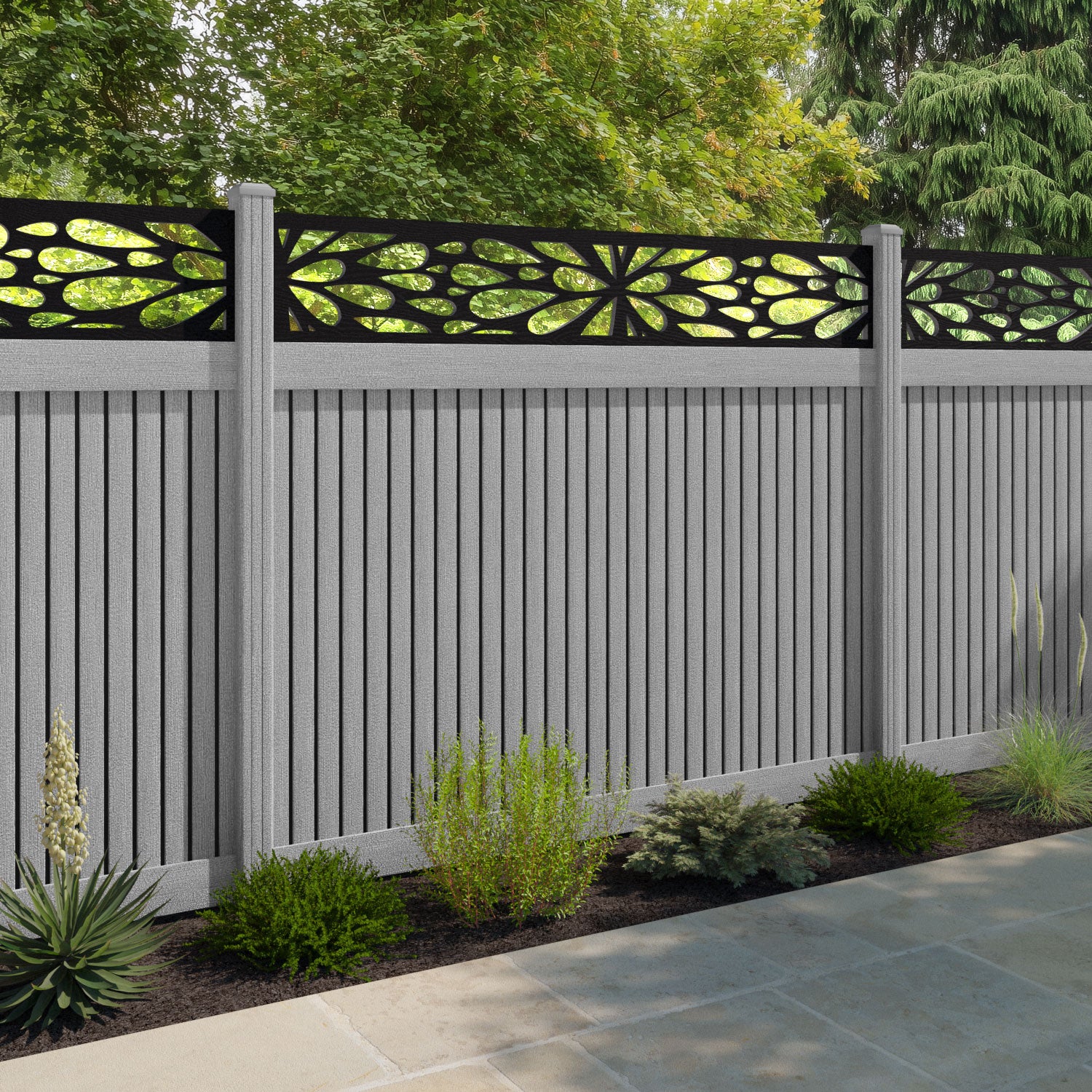 Virtis Blossom Fence Panel - Light Grey - with our composite posts