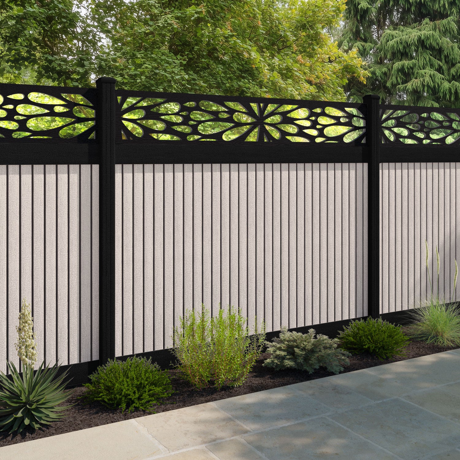 Virtis Blossom Fence Panel - Mid Stone - with our composite posts