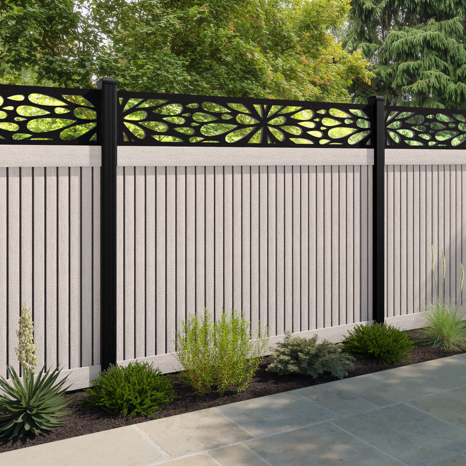 Virtis Blossom Fence Panel - Mid Stone - with our aluminium posts