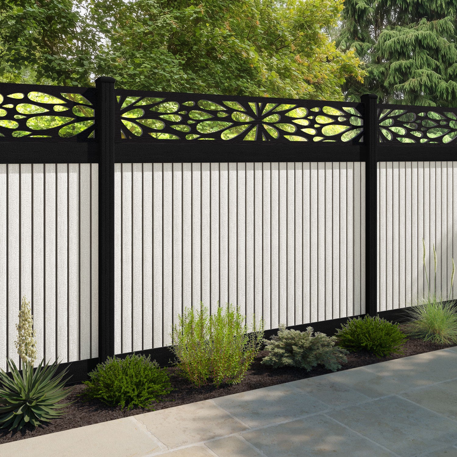 Virtis Blossom Fence Panel - Light Stone - with our aluminium posts
