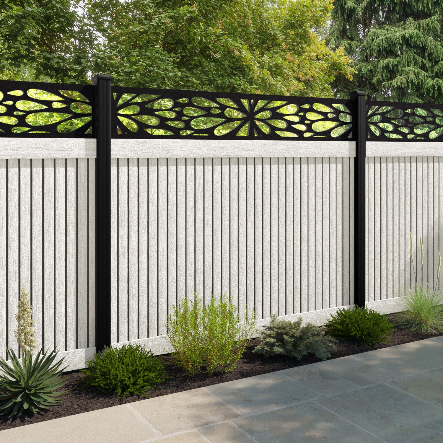 Virtis Blossom Fence Panel - Light Stone - with our aluminium posts
