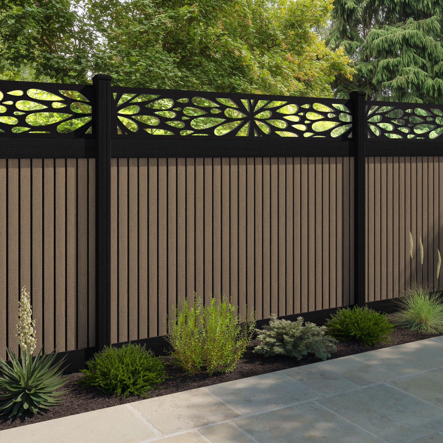 Virtis Blossom Fence Panel - Teak - with our aluminium posts