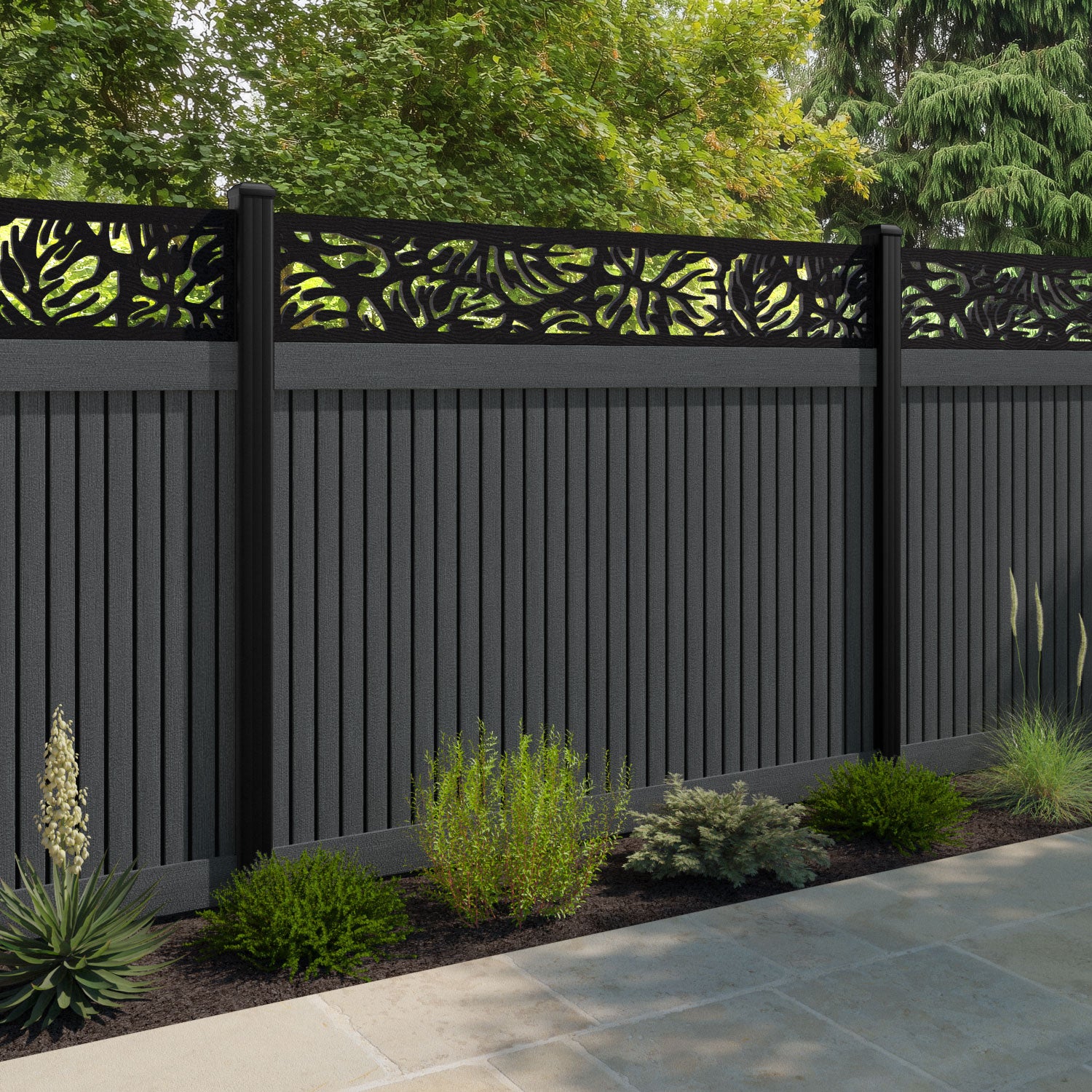 Virtis Botanic Fence Panel - Dark Grey - with our aluminium posts