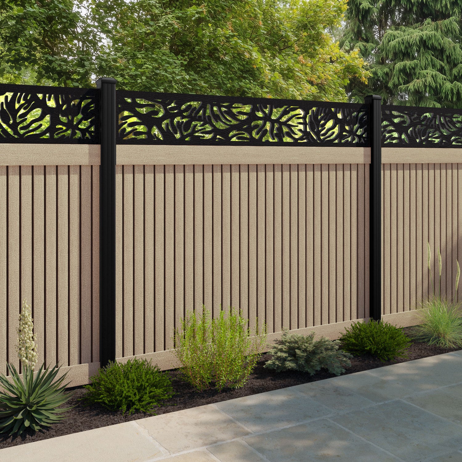 Virtis Botanic Fence Panel - Light Oak - with our aluminium posts