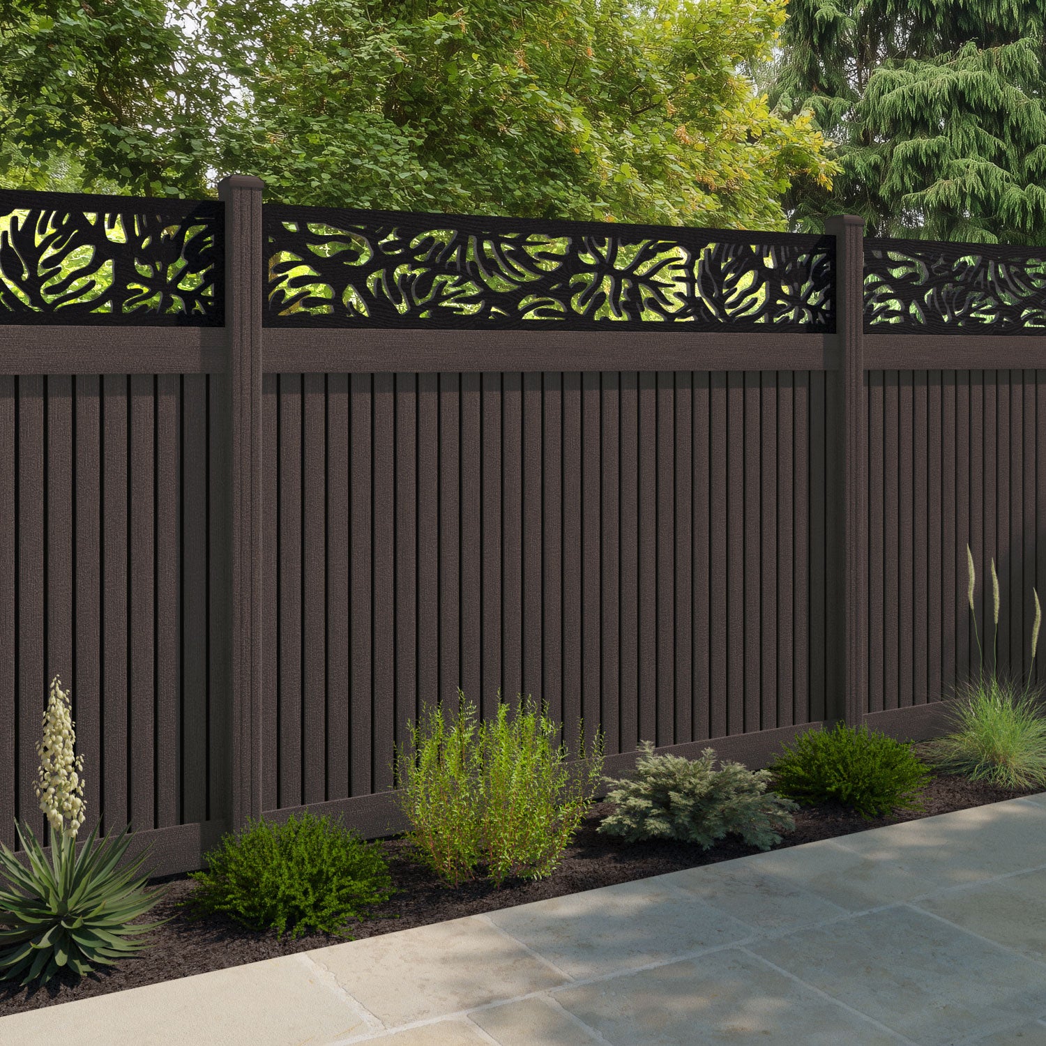 Virtis Botanic Fence Panel - Mid Brown - with our composite posts