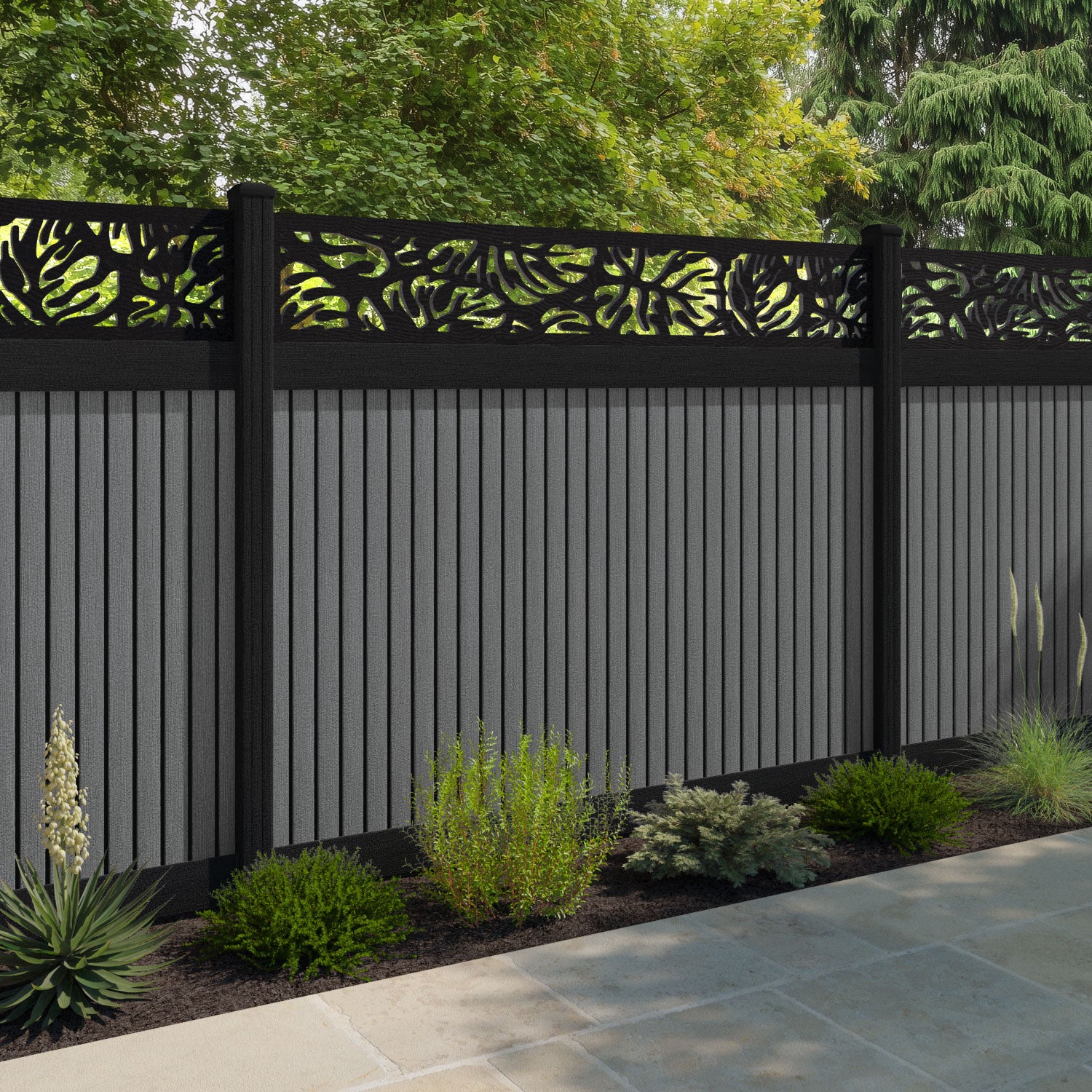 Virtis Botanic Fence Panel - Mid Grey - with our composite posts