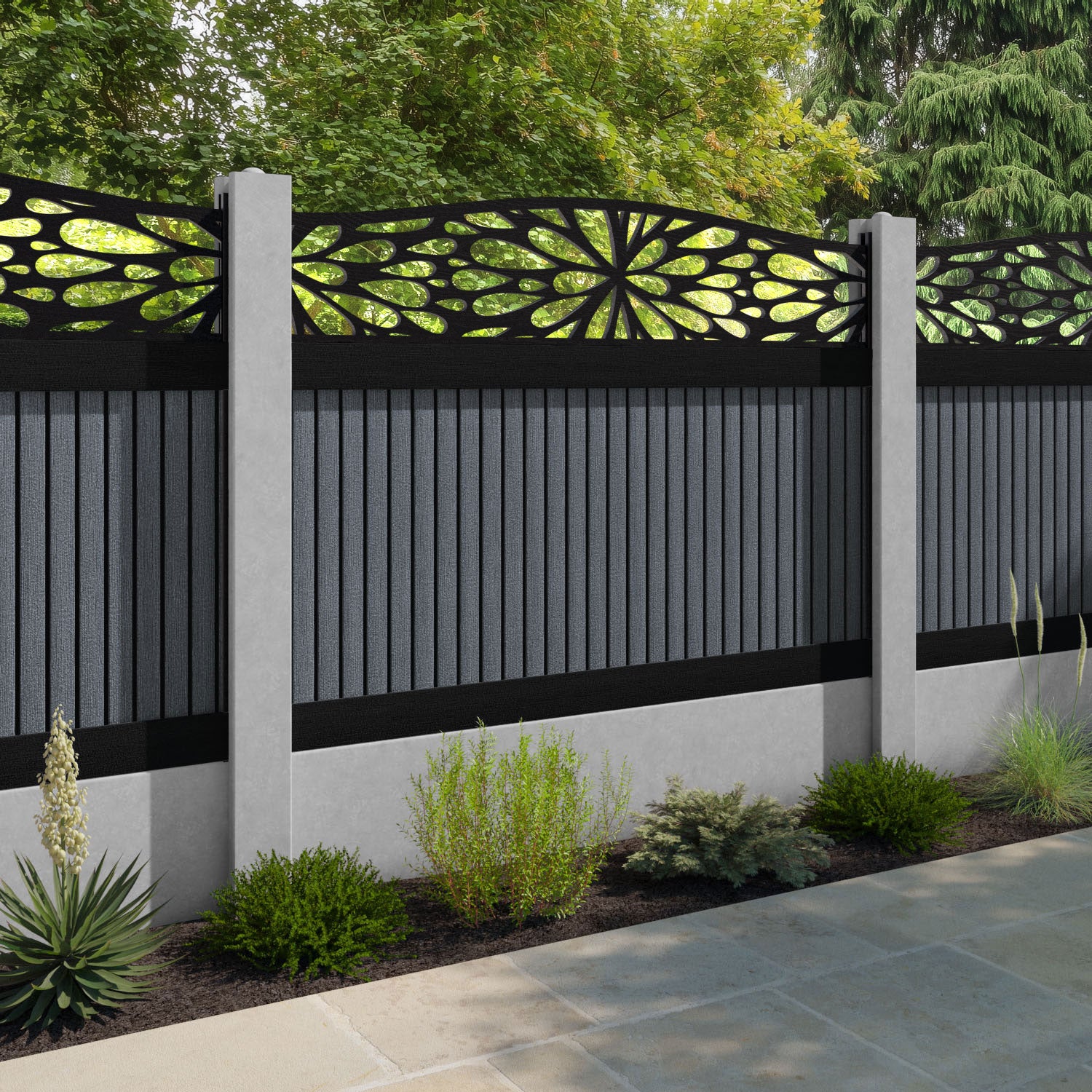 Virtis Blossom Curved Top Fence Panel - Anthracite - for existing concrete posts