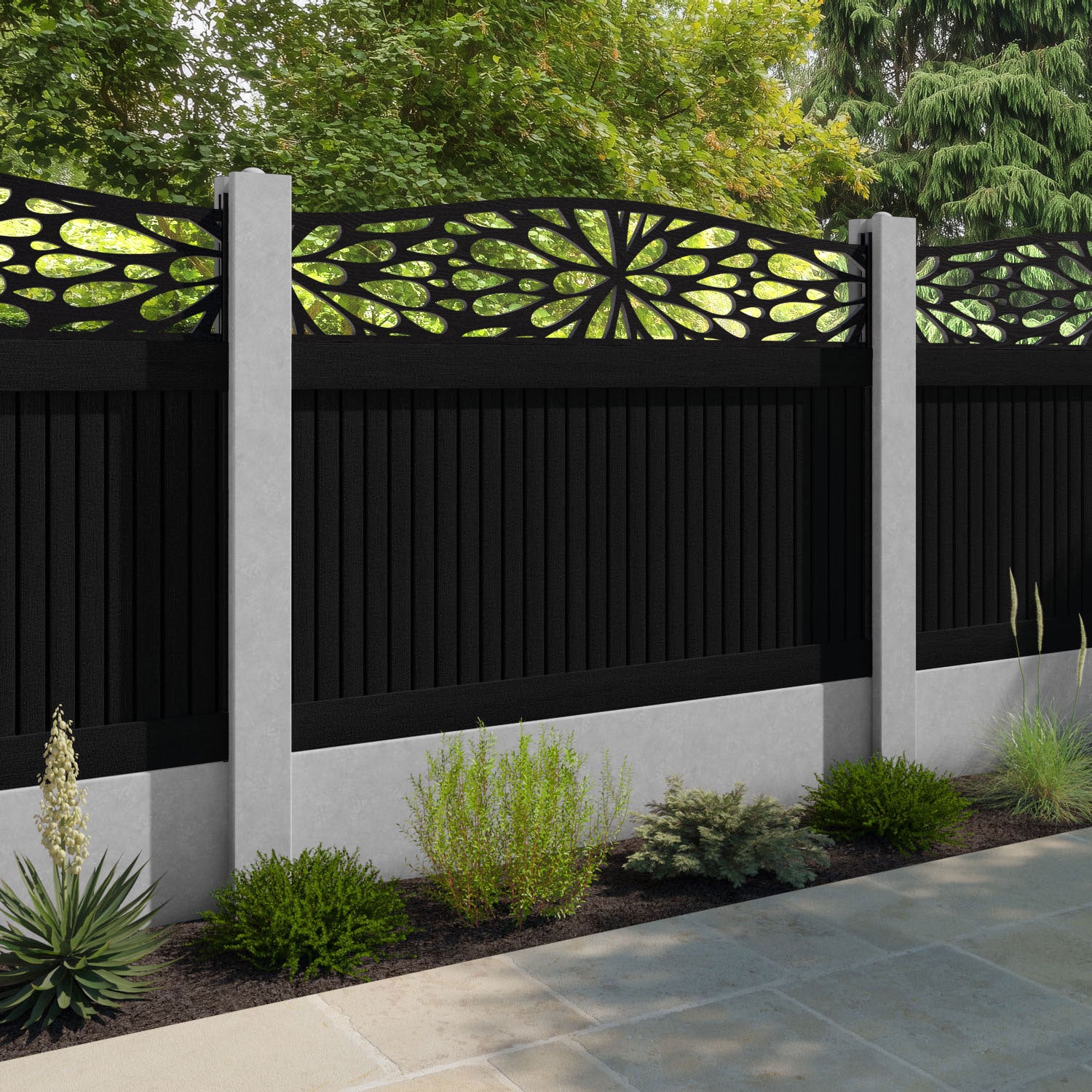 Virtis Blossom Curved Top Fence Panel - Black - for existing concrete posts