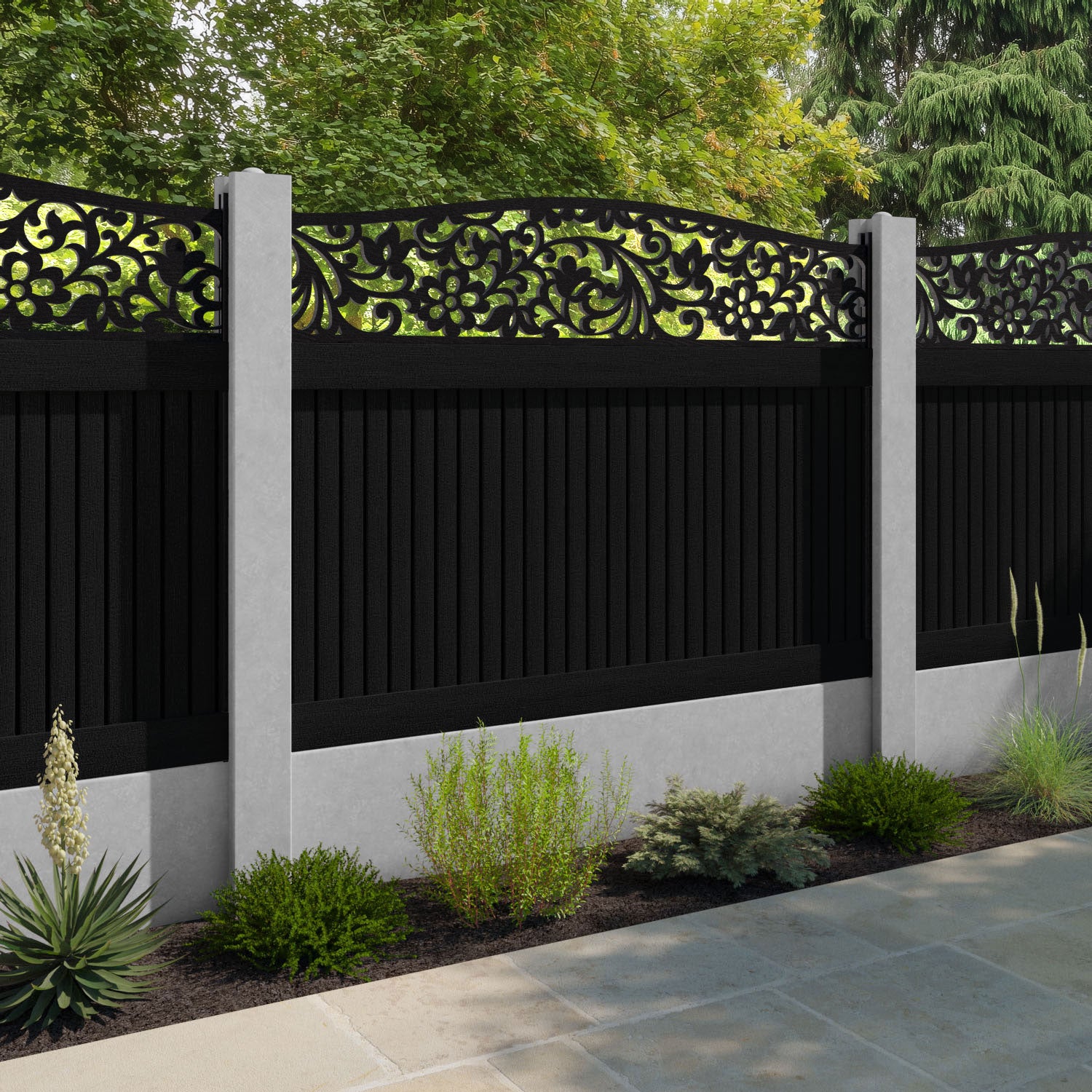Virtis Eden Curved Top Fence Panel - Black - for existing concrete posts