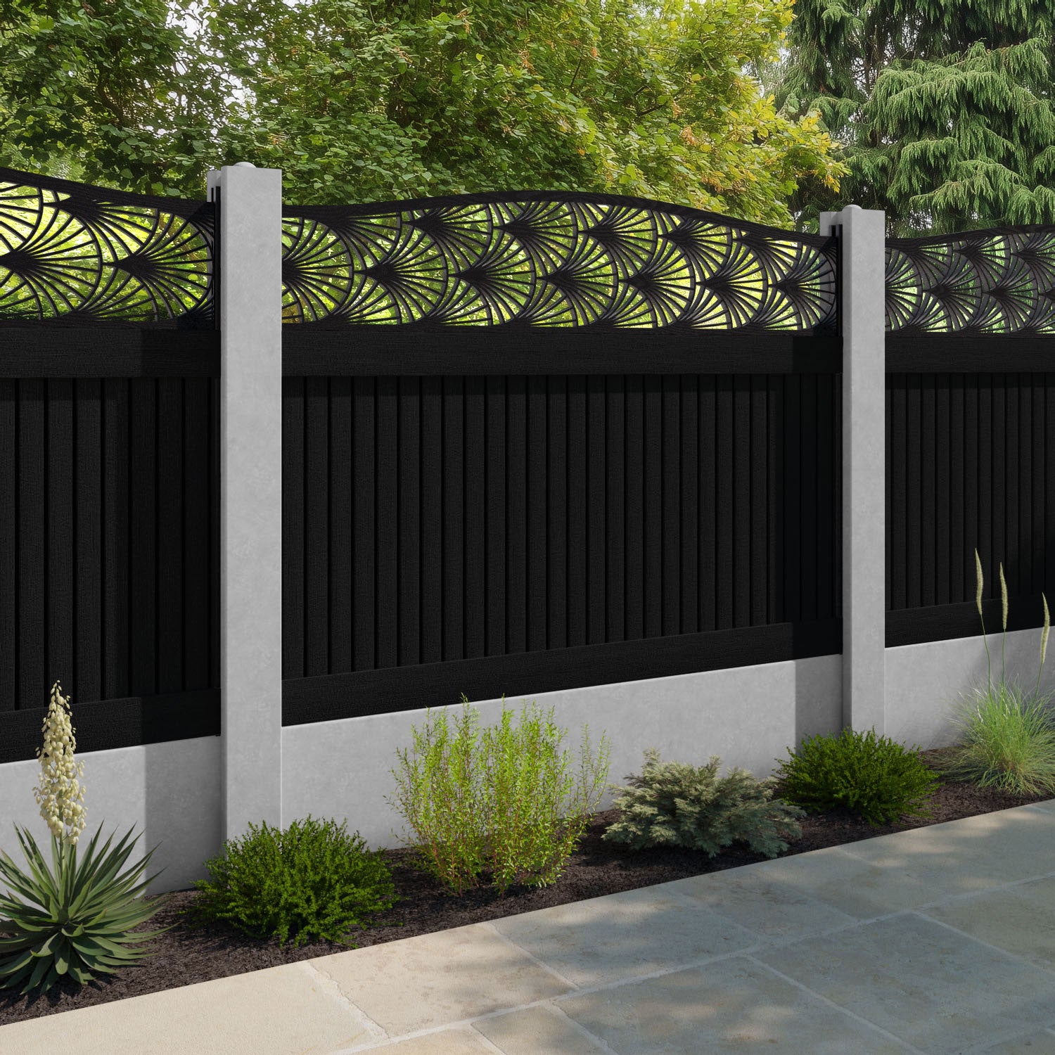 Virtis Laurel Curved Top Fence Panel - Black - for existing concrete posts