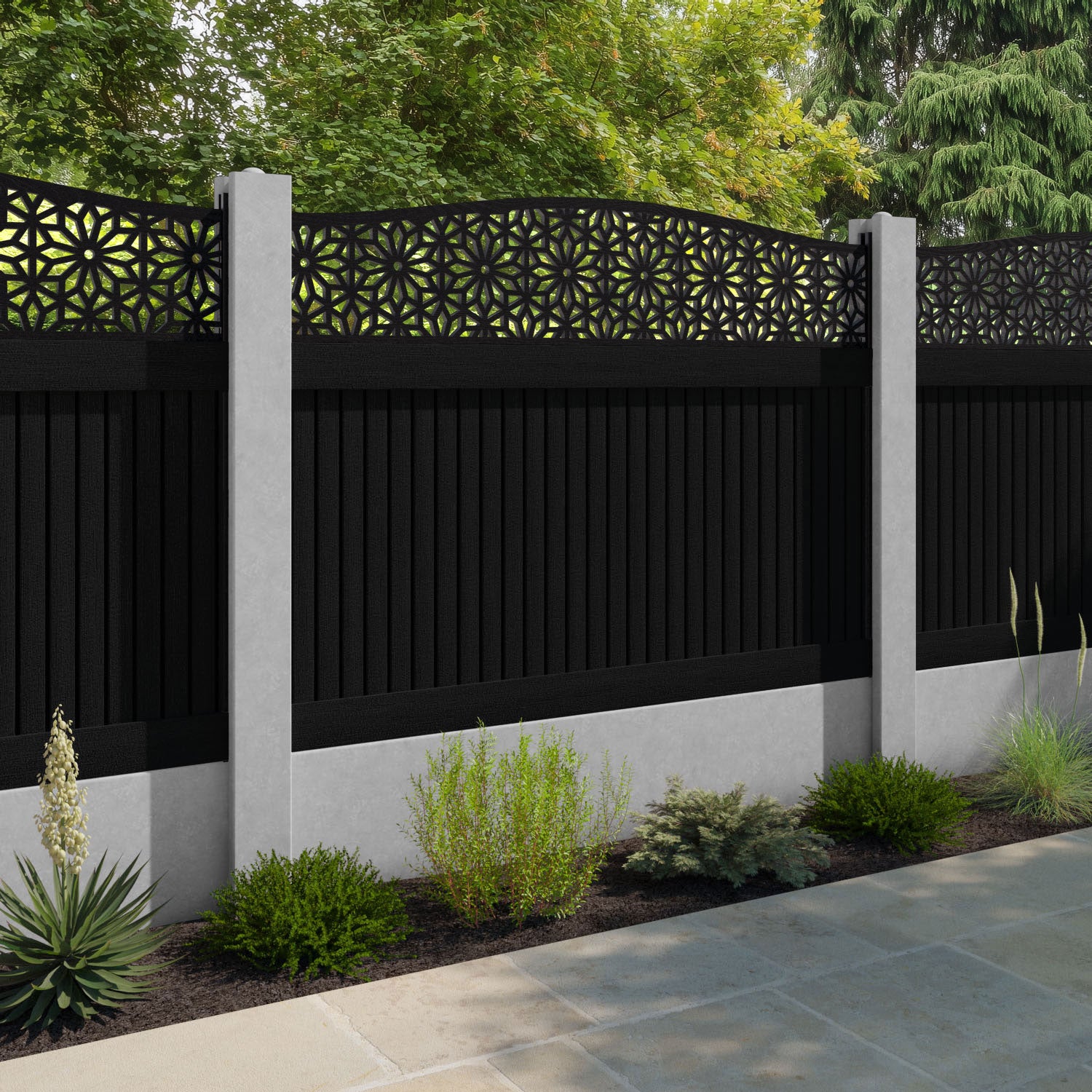 Virtis Narwa Curved Top Fence Panel - Black - for existing concrete posts
