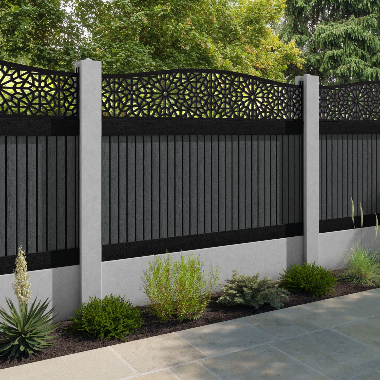 Virtis Alnara Curved Top Fence Panel - Dark Grey - for existing concrete posts