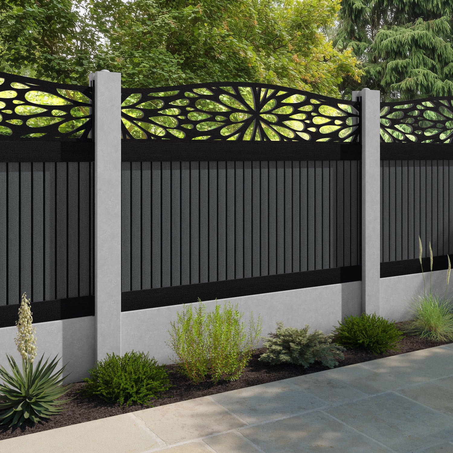 Virtis Blossom Curved Top Fence Panel - Dark Grey - for existing concrete posts