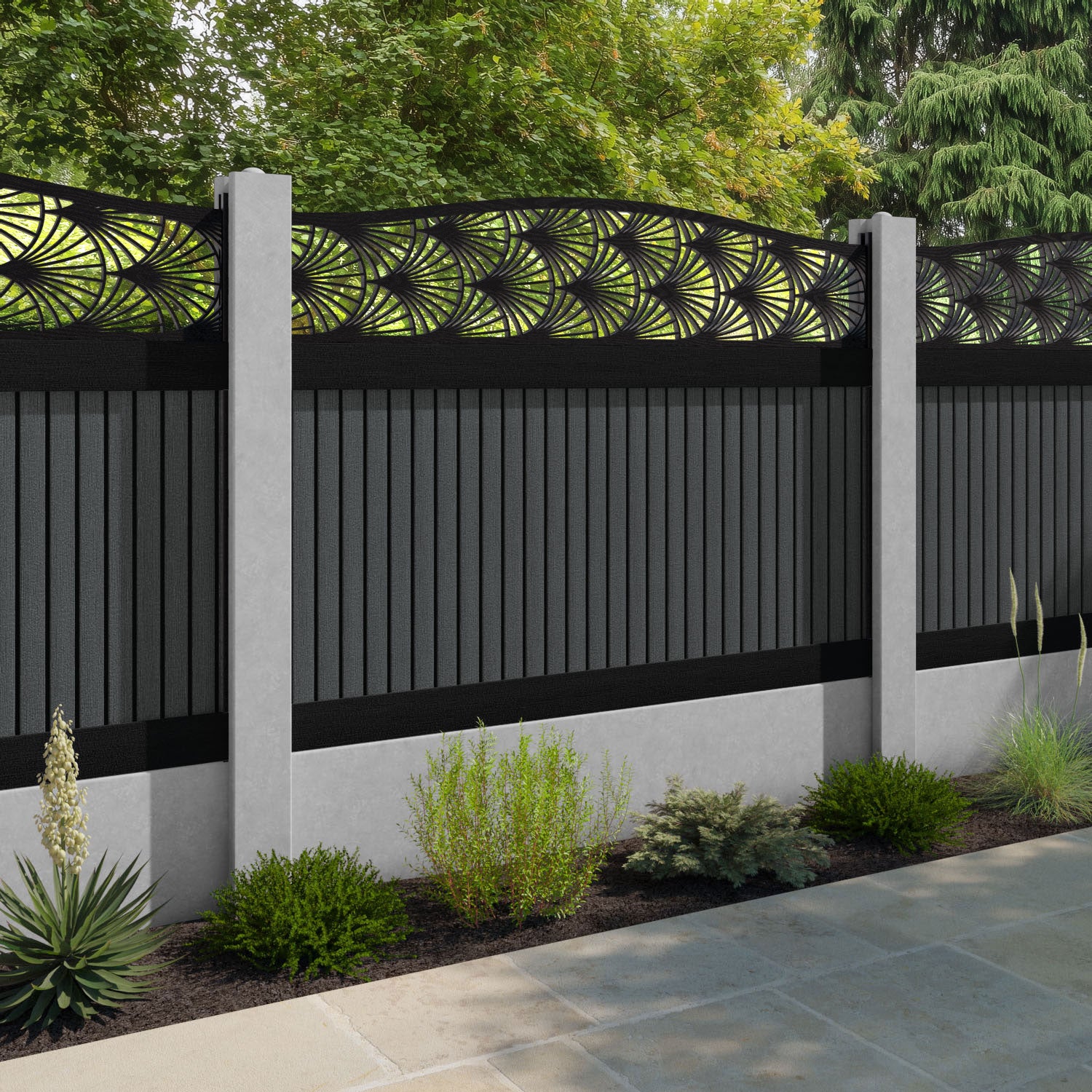 Virtis Laurel Curved Top Fence Panel - Dark Grey - for existing concrete posts