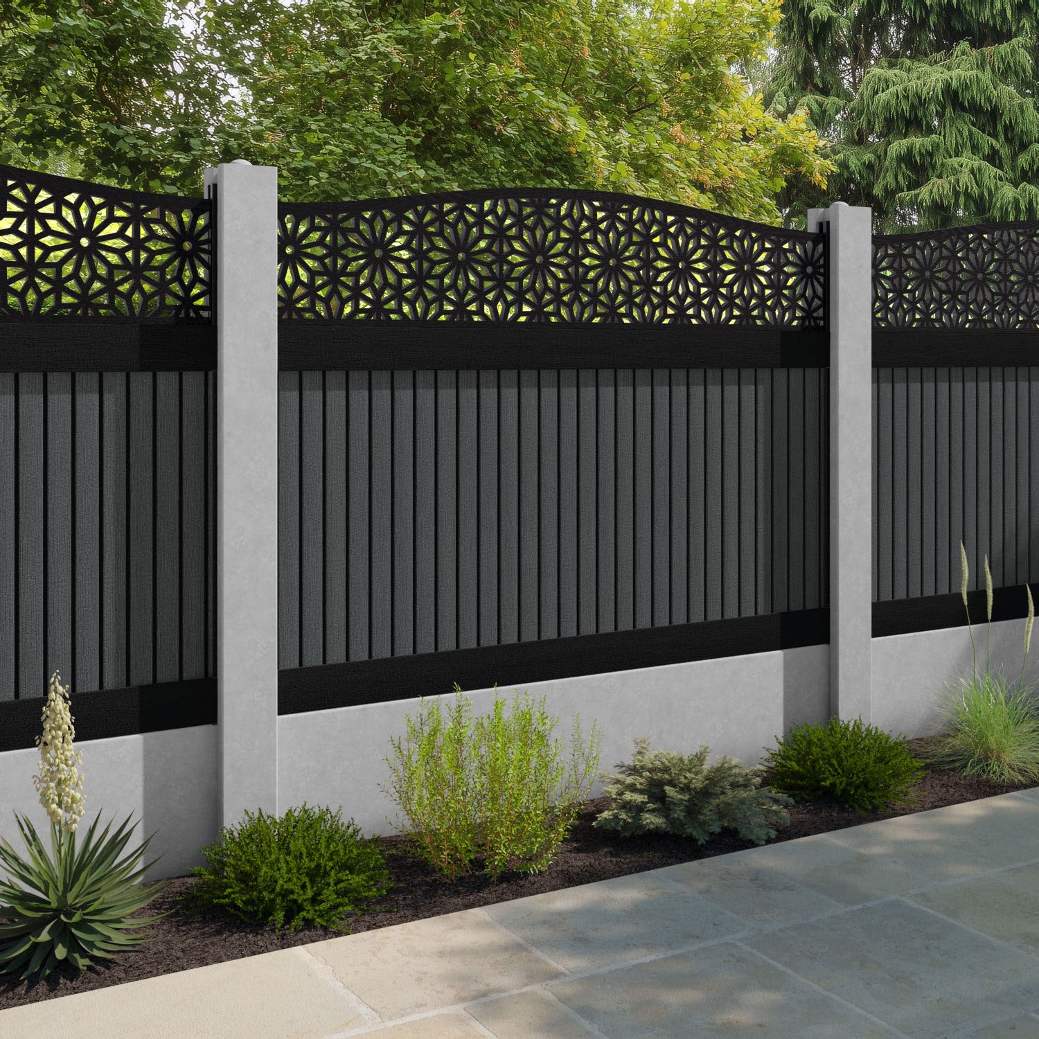 Virtis Narwa Curved Top Fence Panel - Dark Grey - for existing concrete posts
