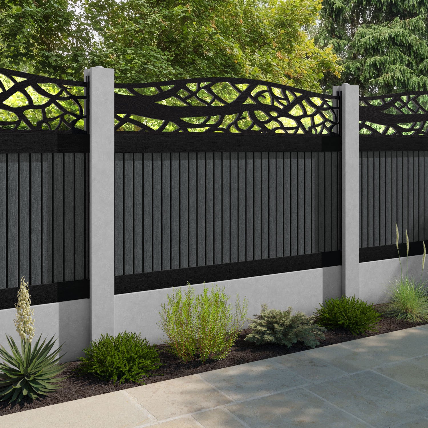 Virtis Twilight Curved Top Fence Panel - Dark Grey - for existing concrete posts