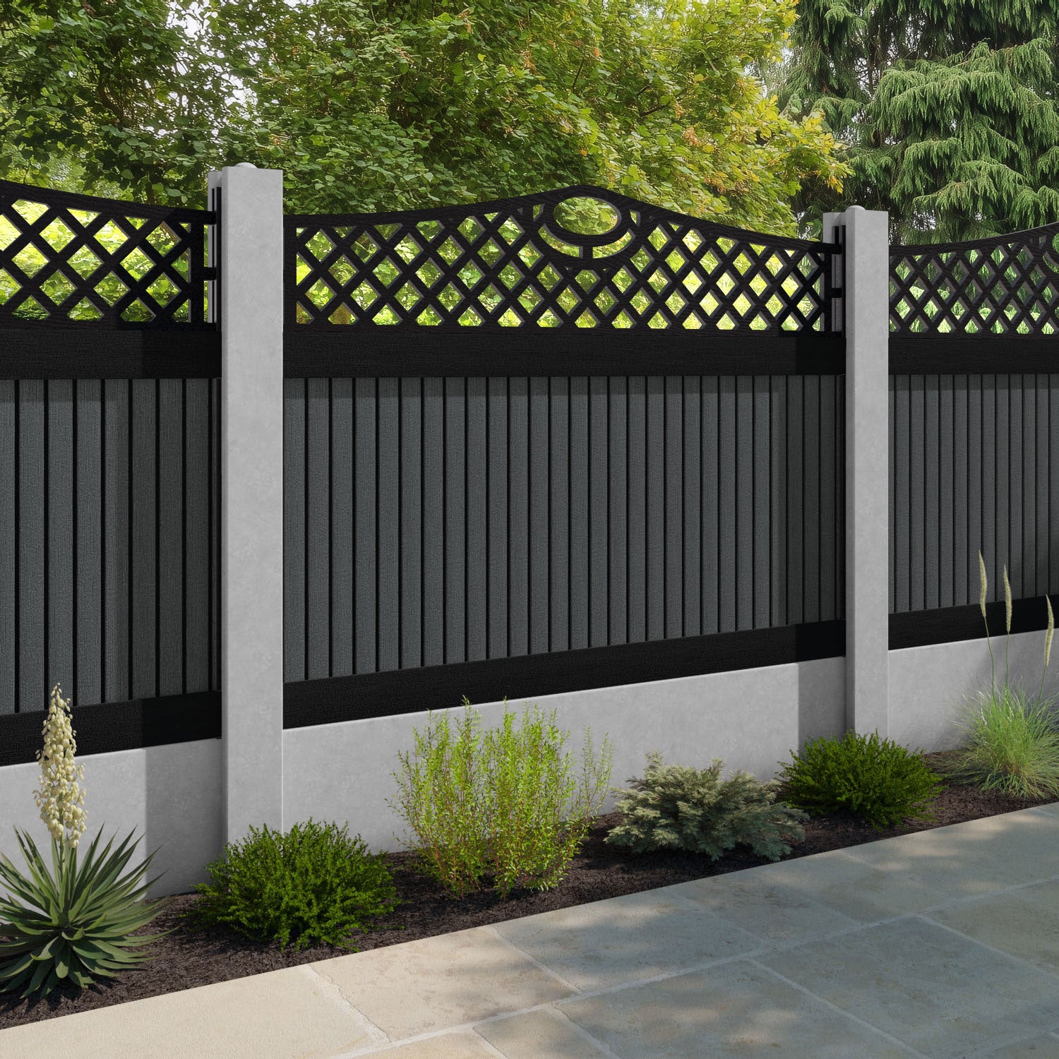 Virtis Oxford Curved Top Fence Panel - Dark Grey - for existing concrete posts