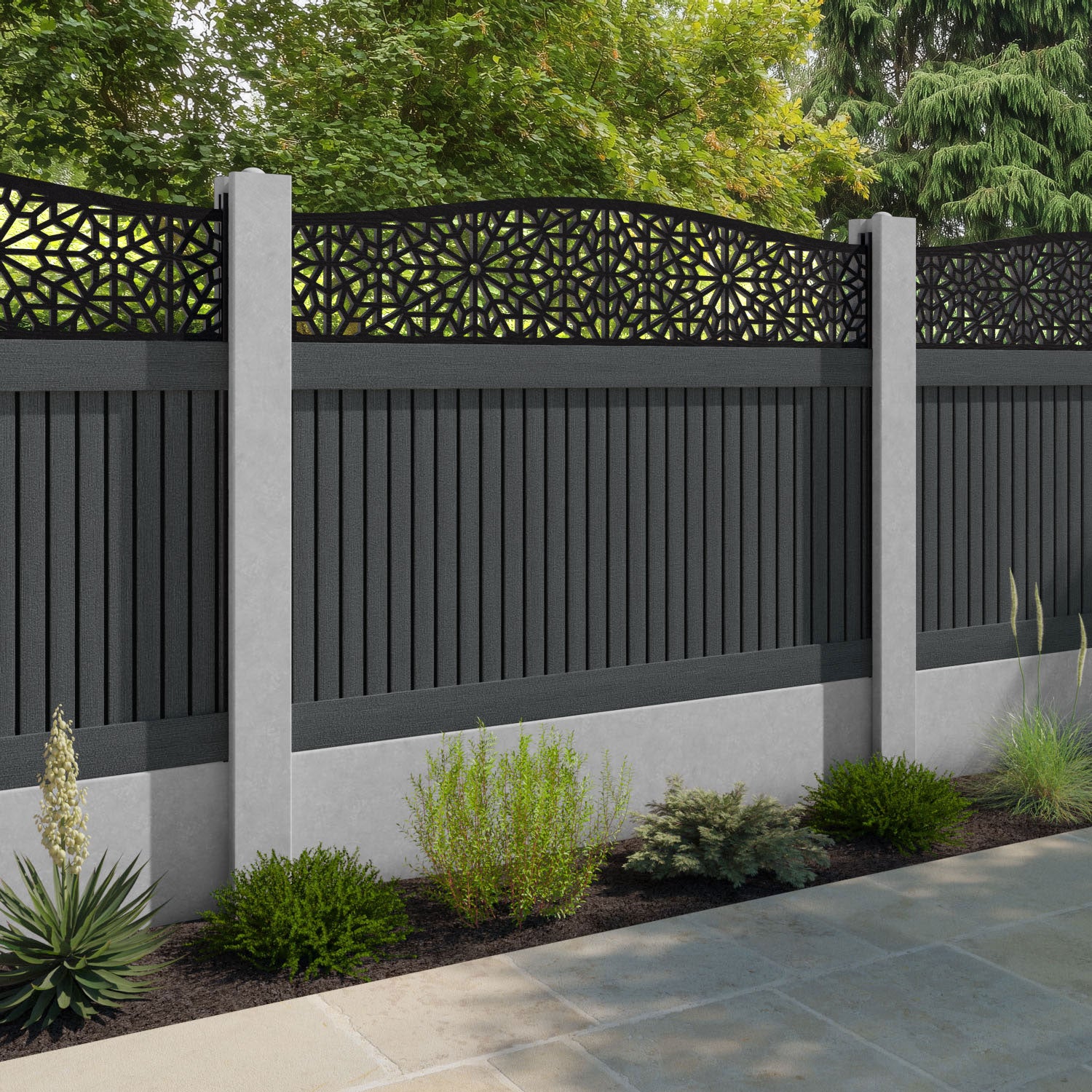 Virtis Alnara Curved Top Fence Panel - Dark Grey - for existing concrete posts